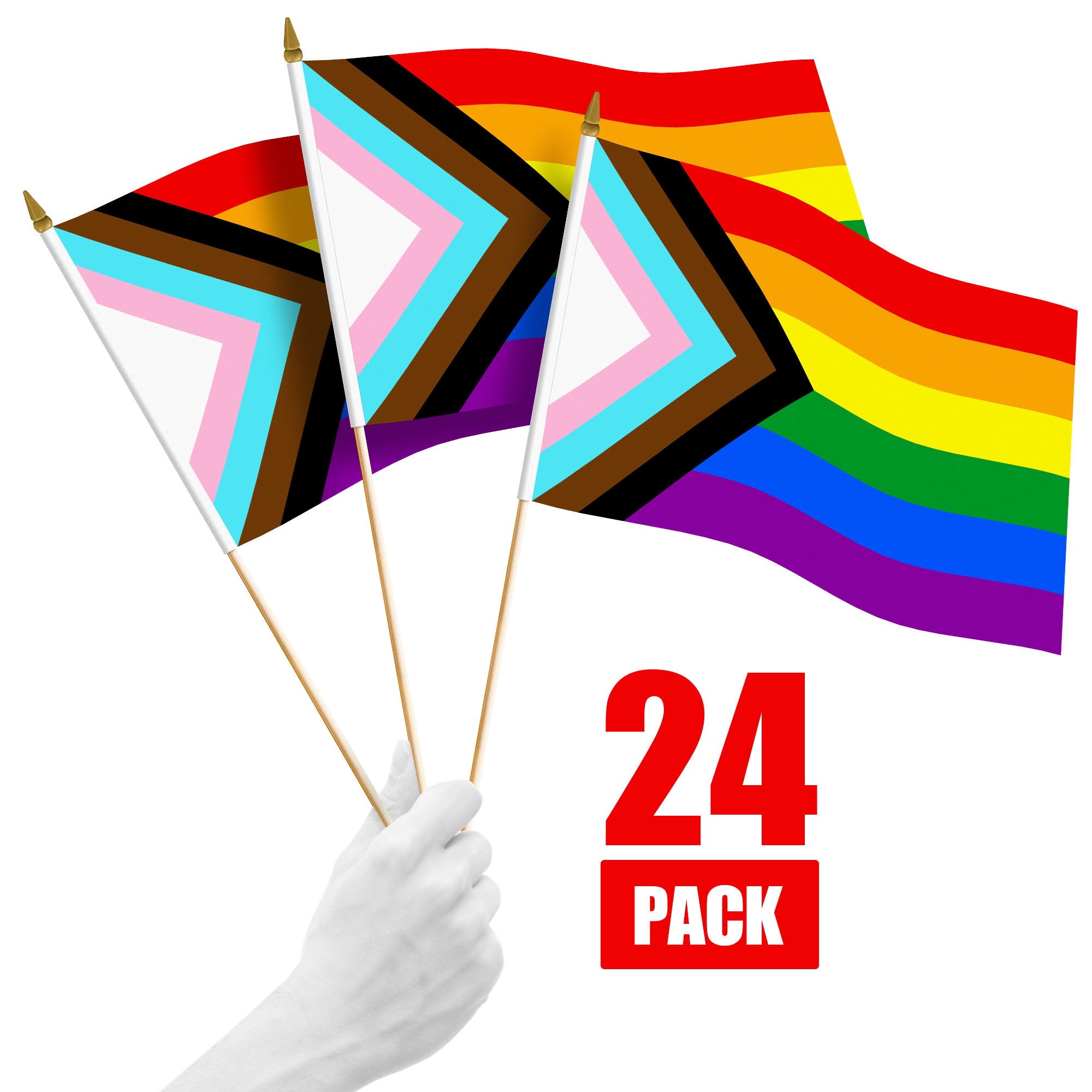 G128 24-Pack 12-in W x 18-in H LGBT Progress Rainbow Pride Handheld Printed Stick Flag