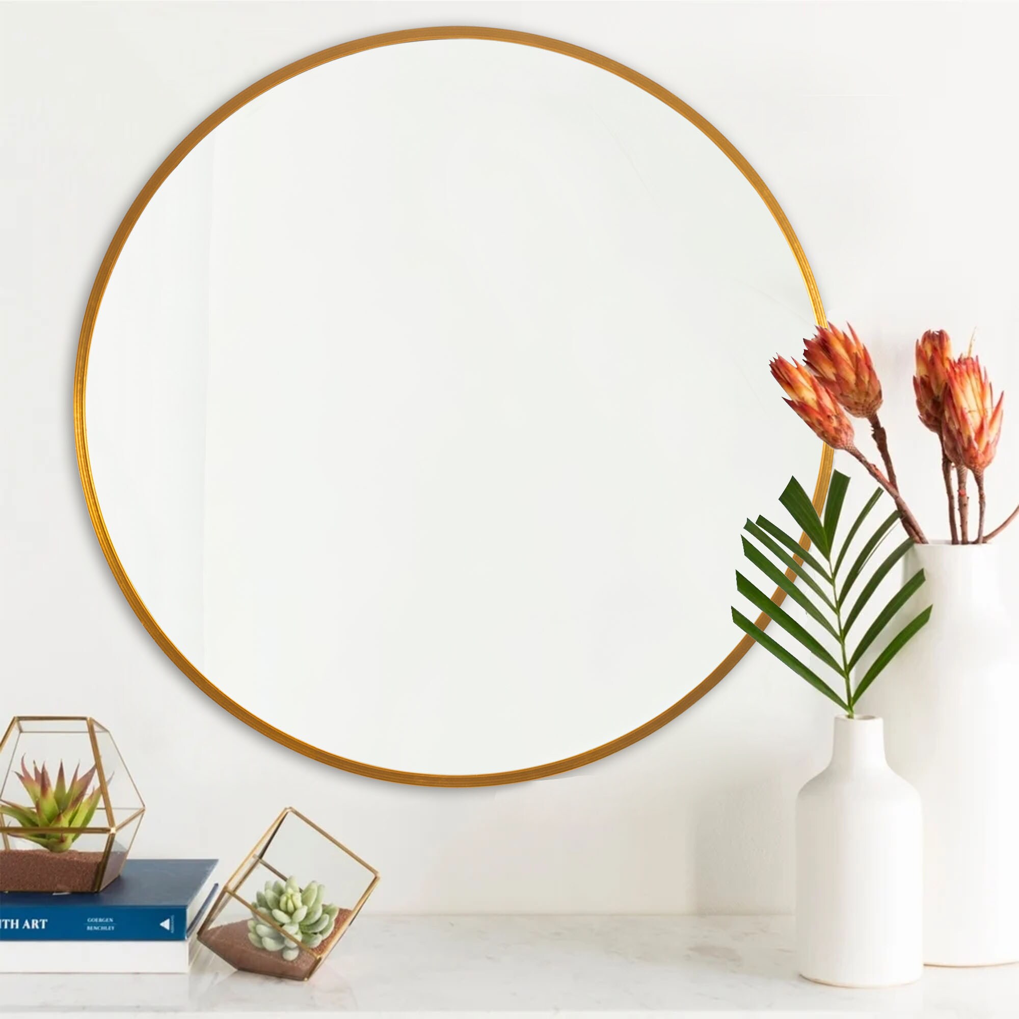 NeuType 31.5-in W x 31.5-in H Round Gold Framed Wall Mirror in the ...