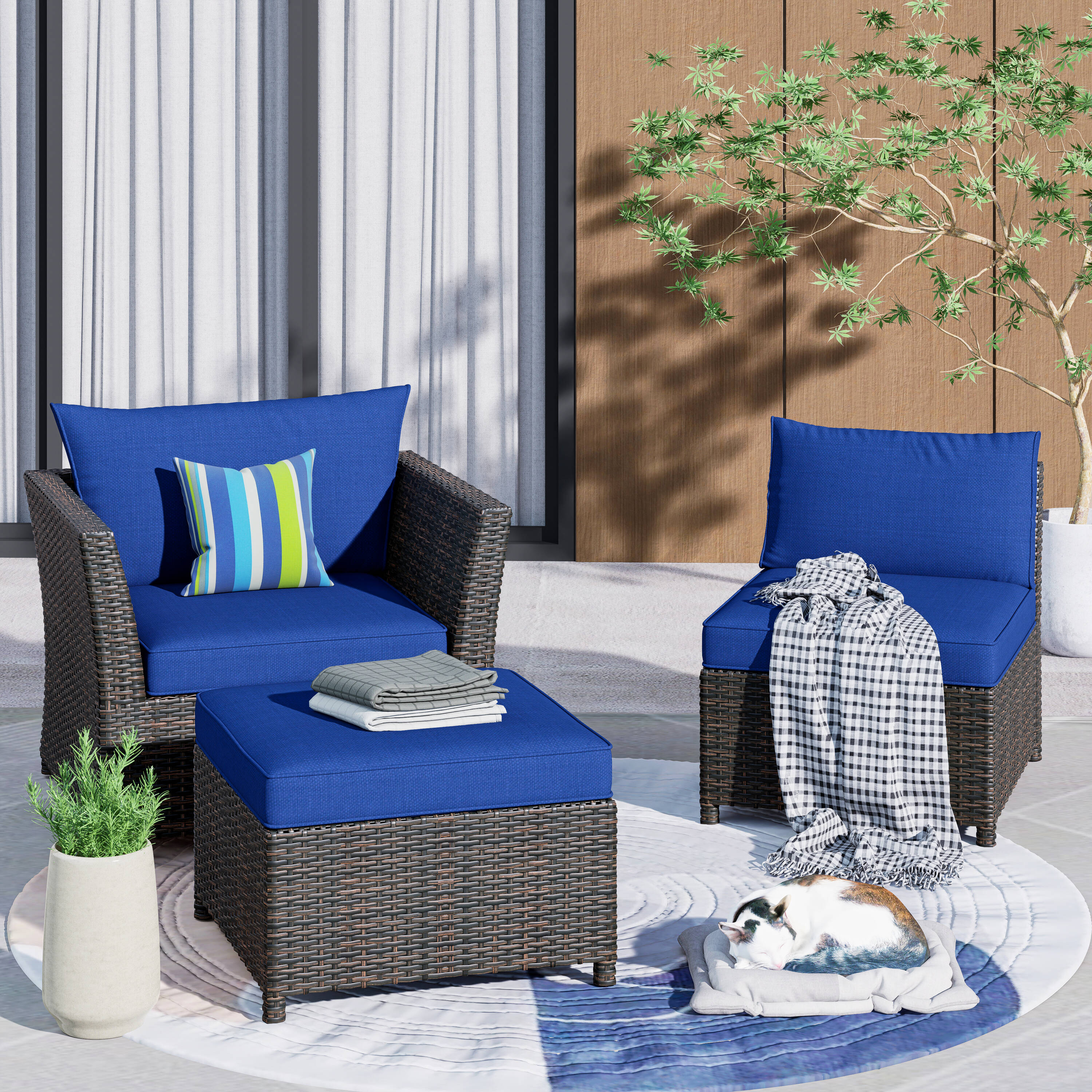 Pouuin SRSA102 Set of 2 Rattan Gray Rattan Frame Stationary Conversation Chair with Blue Woven Seat
