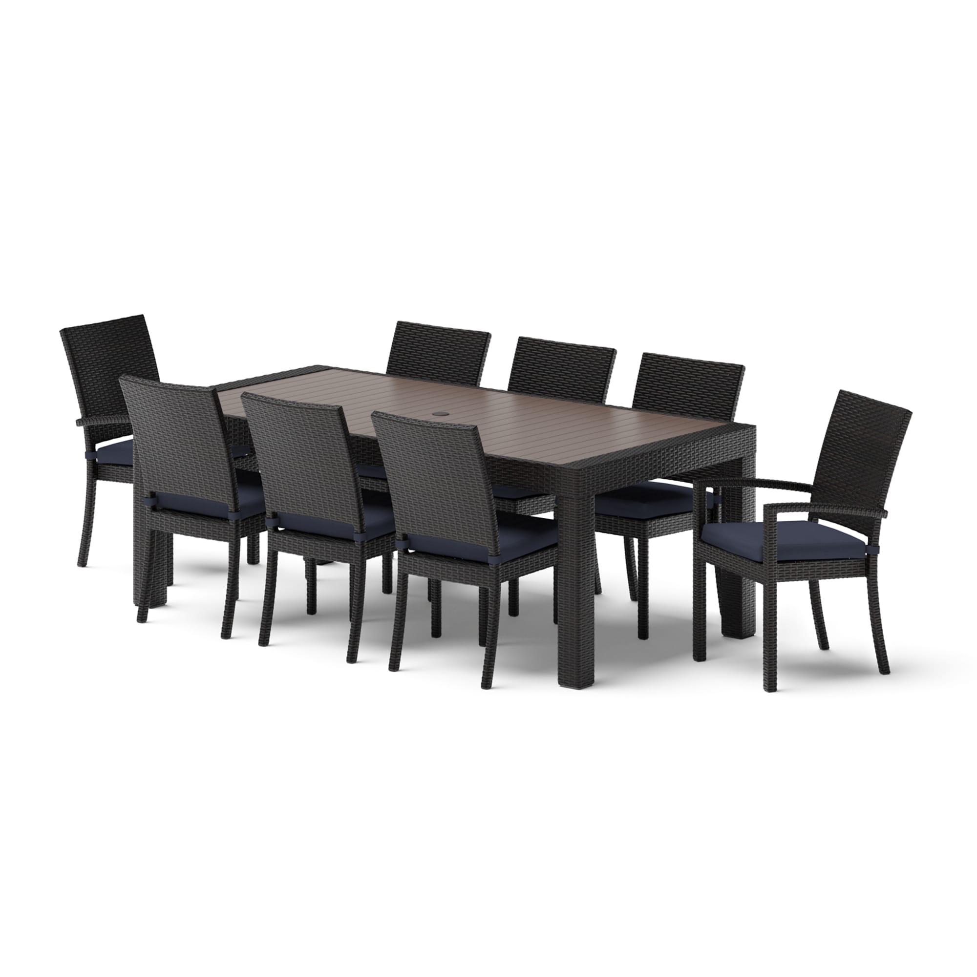 RST Brands OP-PETS9-DEC-BLU-K Deco 9 -Piece Espresso Wicker Patio Dining Set Wicker Rectangle Table with 8 Blue Cushions Stackable Stationary and Motion Chairs