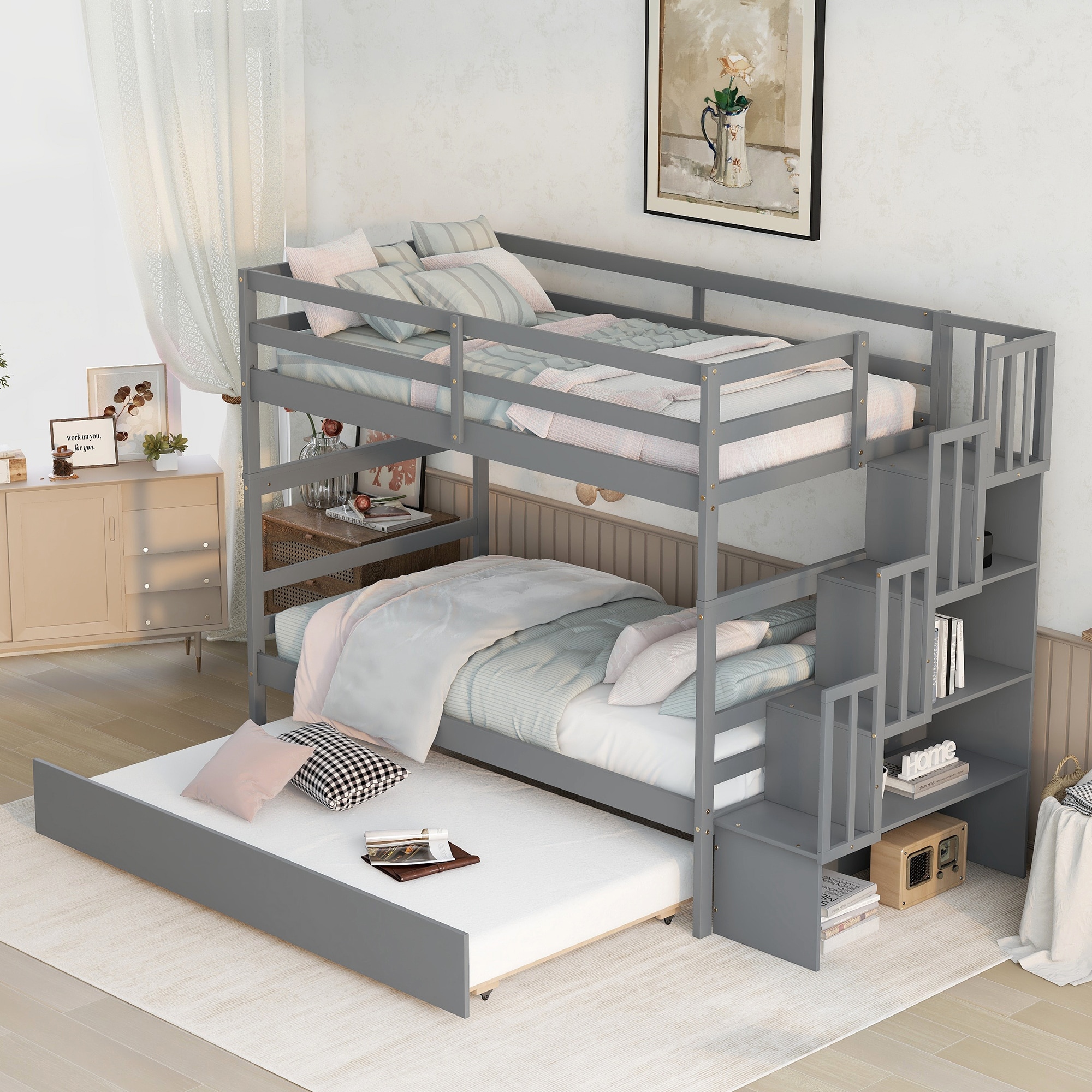 Qualler BVMS010E Gray Twin over twin Bunk Bed