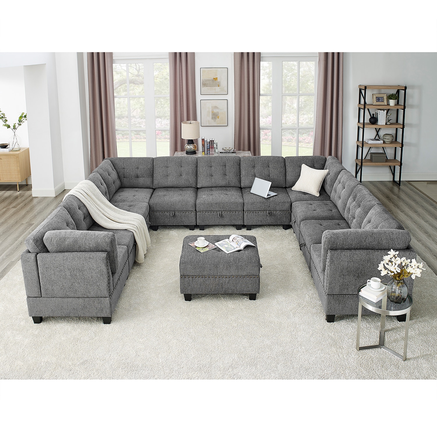 GZMR GZ-HH4S012 U shape Modular Sectional Sofa 142-in Modern Grey Chenille 6+ -seater Reclining Sofa