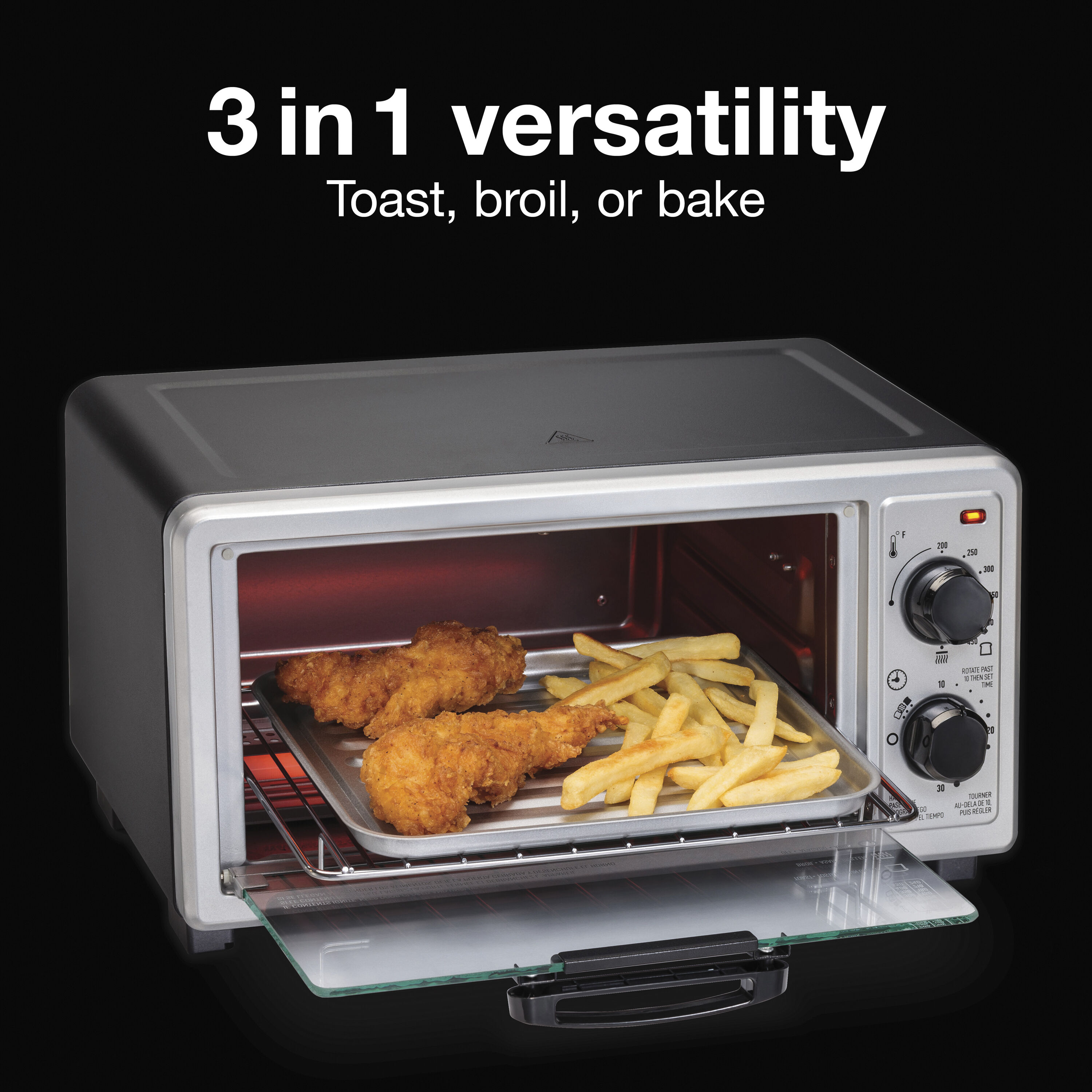 Total Chef 4-Slice Natural Convection Toaster Oven, Fits A 9 inch Pizza, Compact Countertop Oven, 30 Minute Timer, 200-450F (93-232C) Temperature