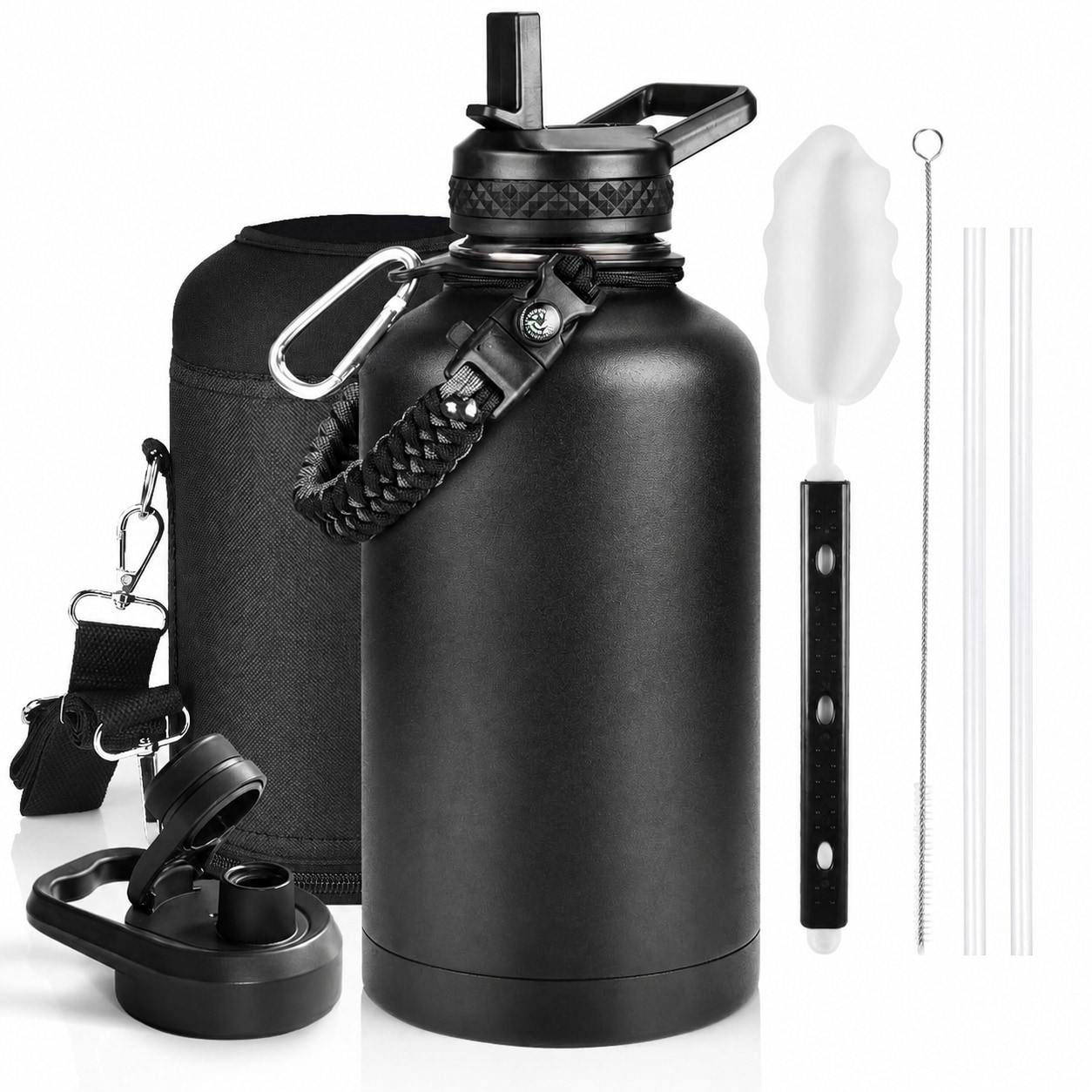 Justincity  64 oz Triple Wall Insulated Stainless Steel Water Bottle Half Gallon Leak Proof Paracord Handle Straw Spout Lids Magic Black 1 Bottle