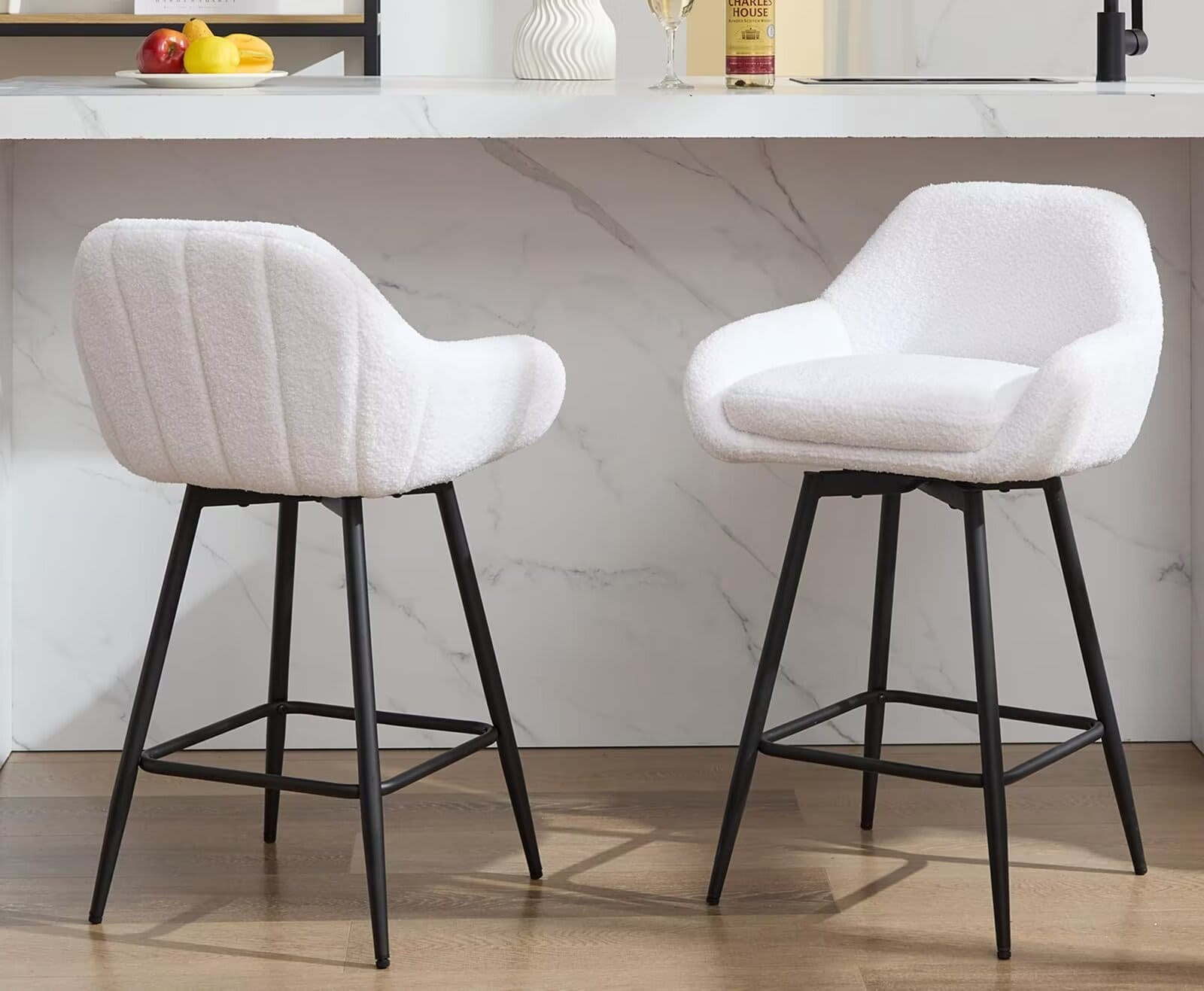 Qeetex JXNAG-PHO-15WZXGBI Modern Swivel Bar Stools Set of 2 26Inch Counter Height Bar Stools for Kitchen Island Upholstered Sherpa Fabric Barstools Island Chairs with Backs and Metal Legs-White