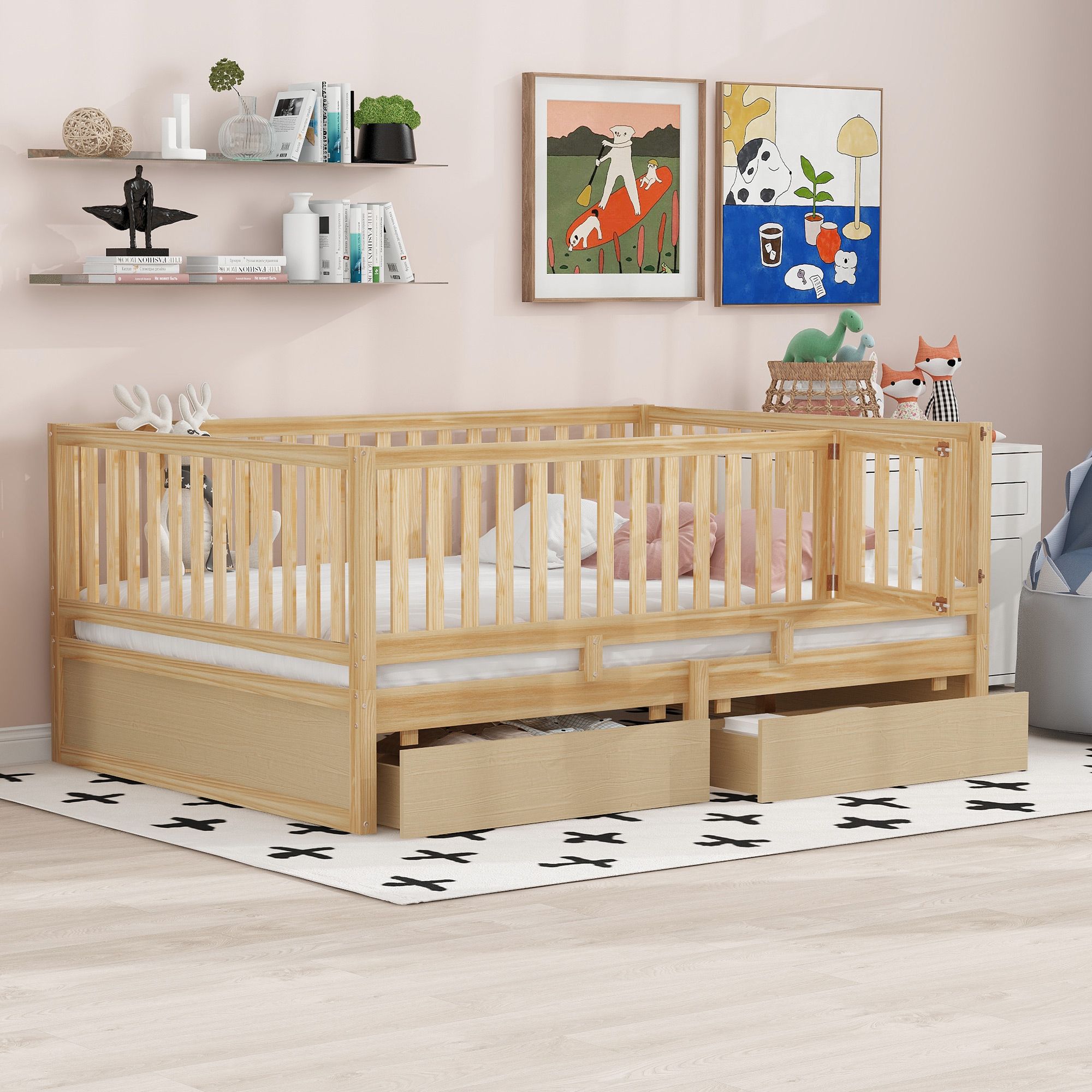 Yiekholo LL-1968AAN Natural Full Wood Daybed Bed with Storage