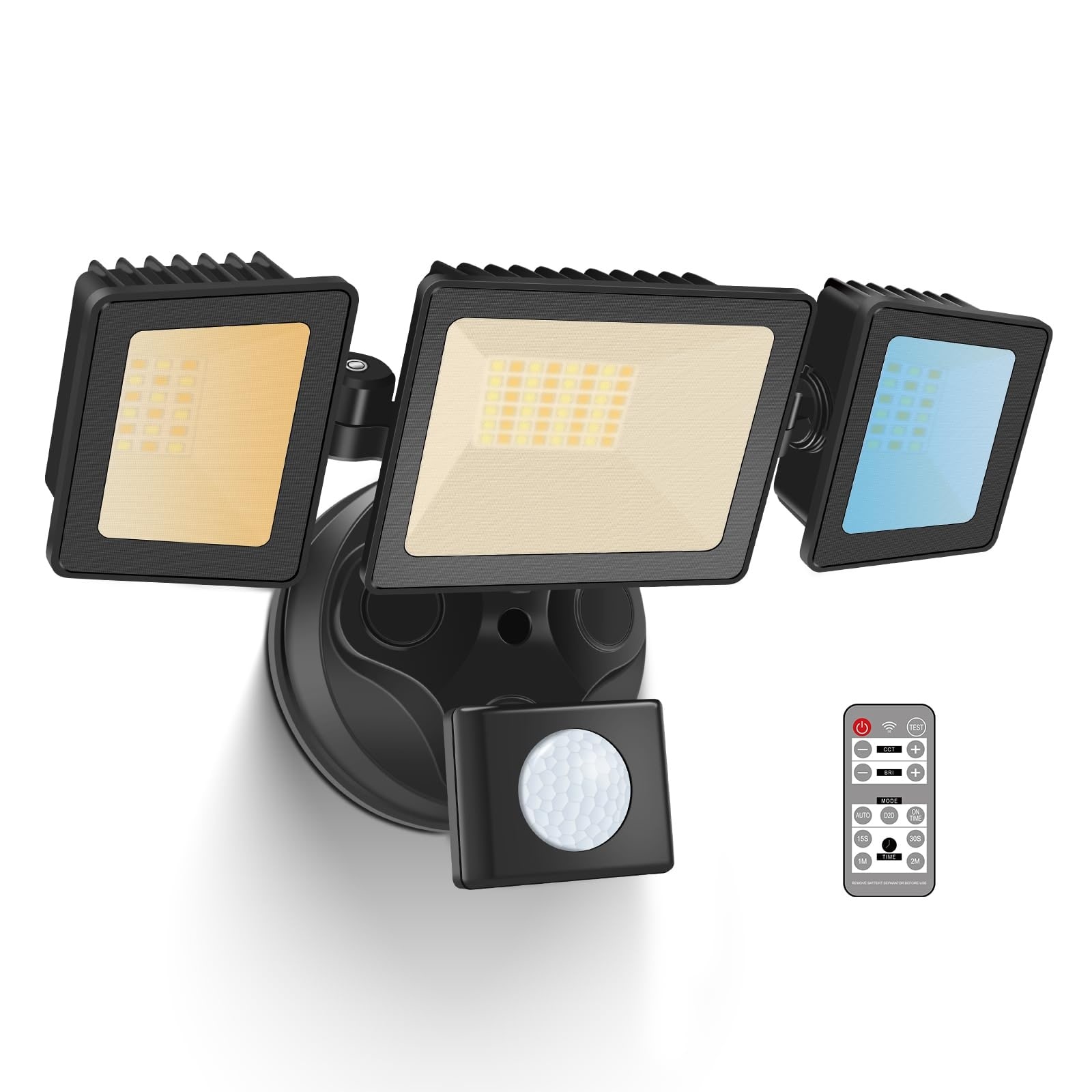Lukvuzo  36W LED Outdoor Flood Light Motion Sensor Adjustable Color Temperature 3000K to 6000K Dimmable 3000LM IP65 3 Heads 1 Pack