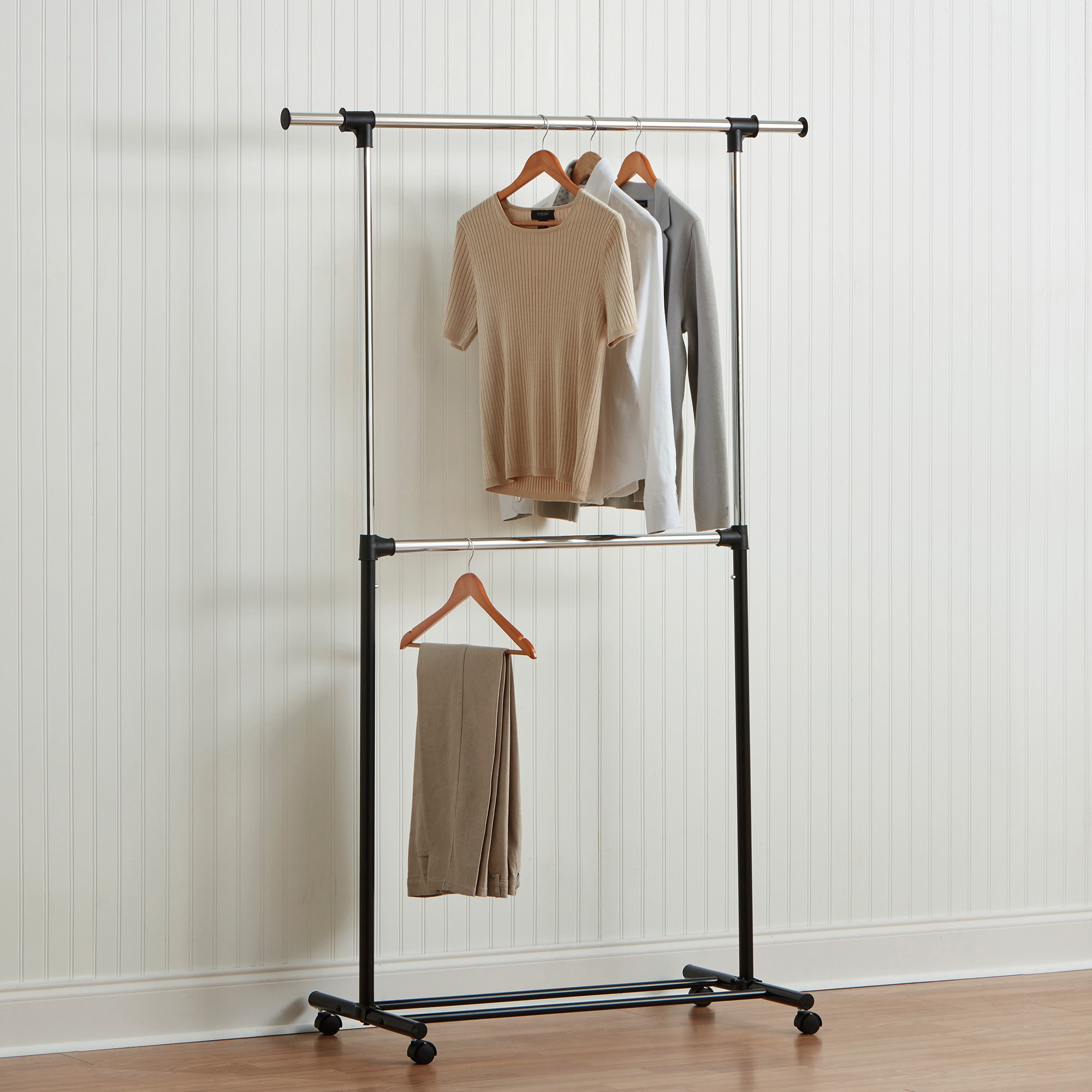 Style Selections Garment rack Chrome Black Steel Rolling Clothing Rack in the Clothing Racks Portable Closets department at Lowes