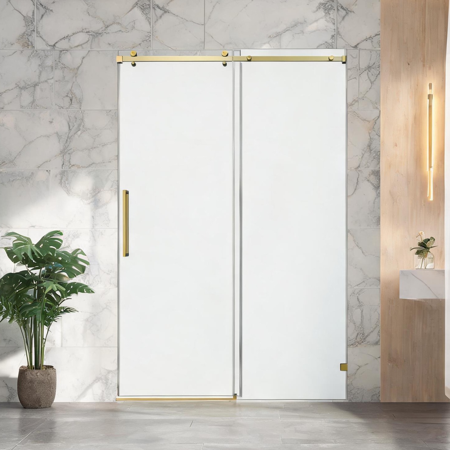 Watnature Sliding Shower Door 66x60 in with Clear Tempered Glass and Gold Finish