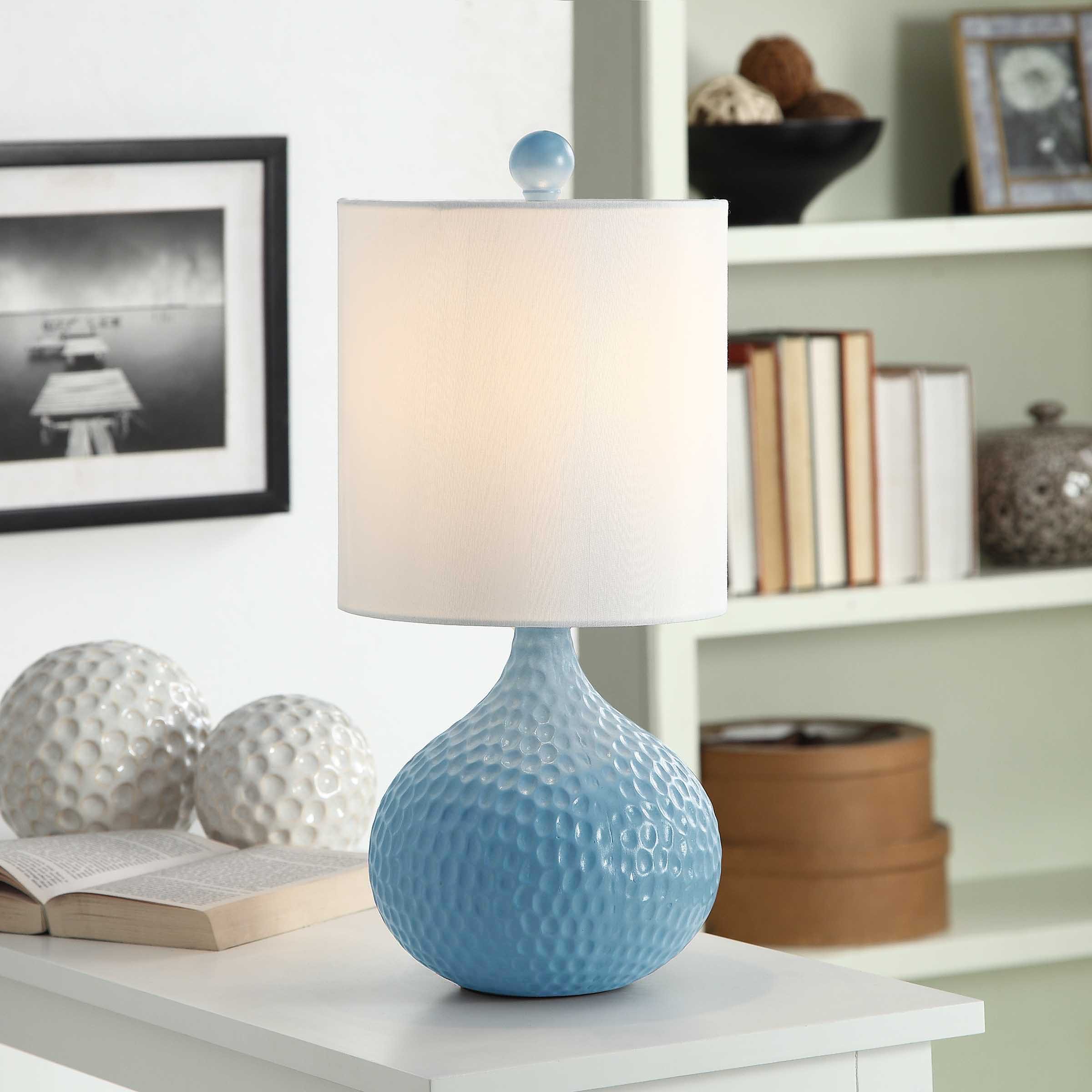 Blue Ceramic Table Lamp with White Hardback Shade