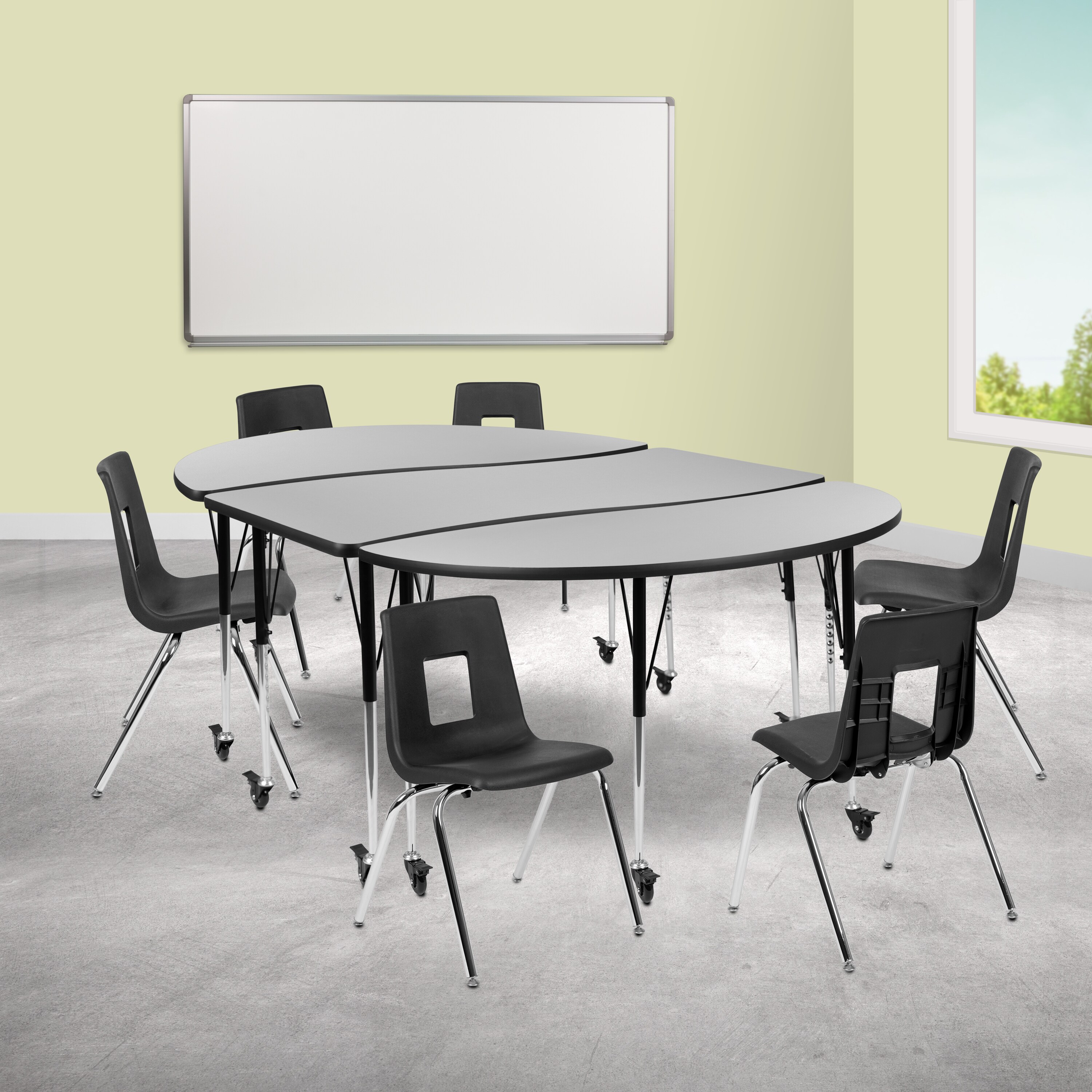 Flash Furniture Emmy Mobile 86-in Oval Wave Flexible Laminate Activity Table Set with 18-in Student Stack Chairs; Grey/Black
