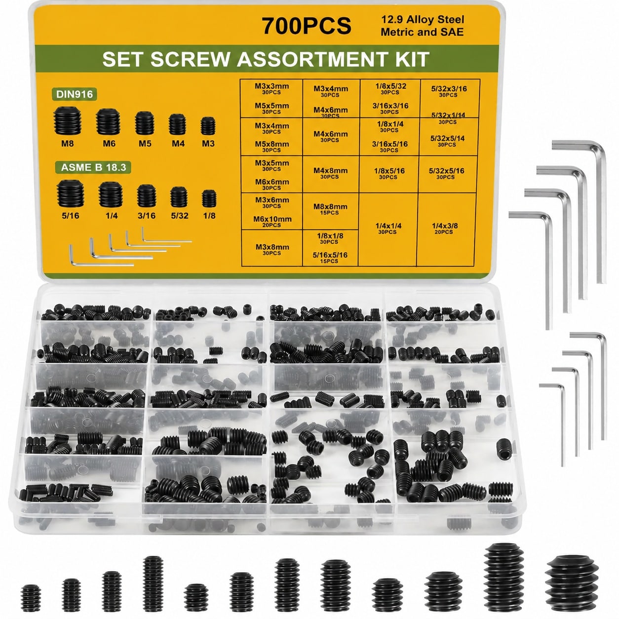 Anqtovp  Set Screw Assortment Kit 700 Pieces 25 Sizes Metric and SAE Socket Screws M3 to M8 and 1/8 in to 5/16 in Alloy Steel for Bathroom