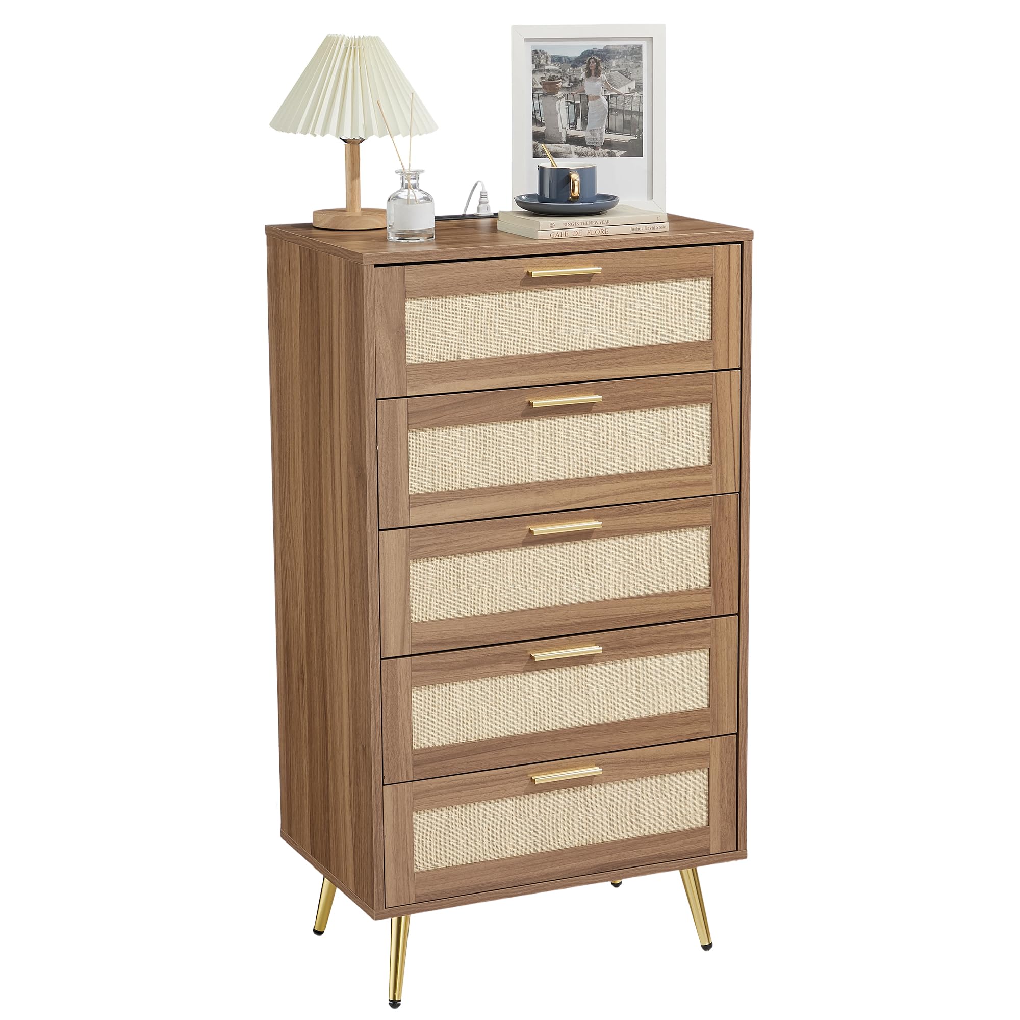 Garvee 5 Drawer Dresser Chest of Drawers Wicker Rattan Mid Century Modern  Vertical Storage Tower Natural Oak White Dark Walnut for Living Room  Bedroom in the Dressers department at Lowes.com