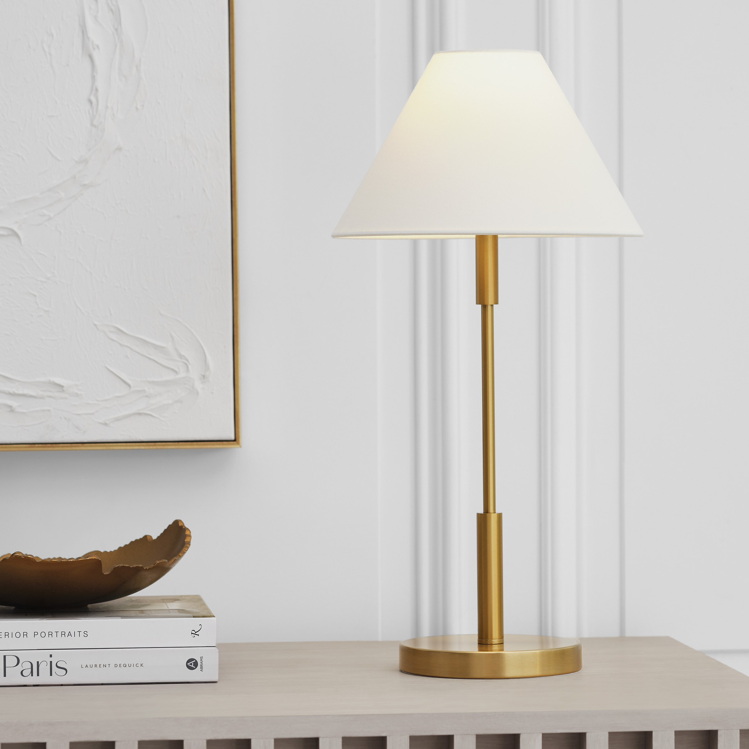 Satin Brass Medium Table Lamp with White Linen Shade