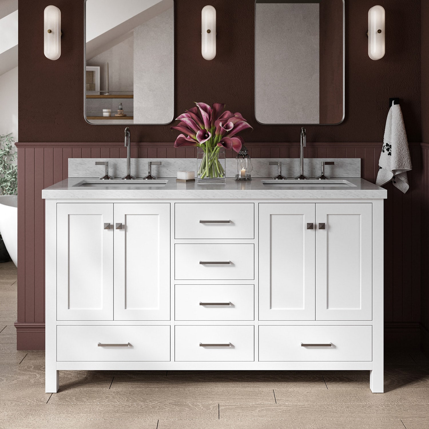 ARIEL A061DCWRVOWHT Cambridge 61-in White Undermount Double sink Bathroom Vanity with Carrara White Marble Natural marble Top