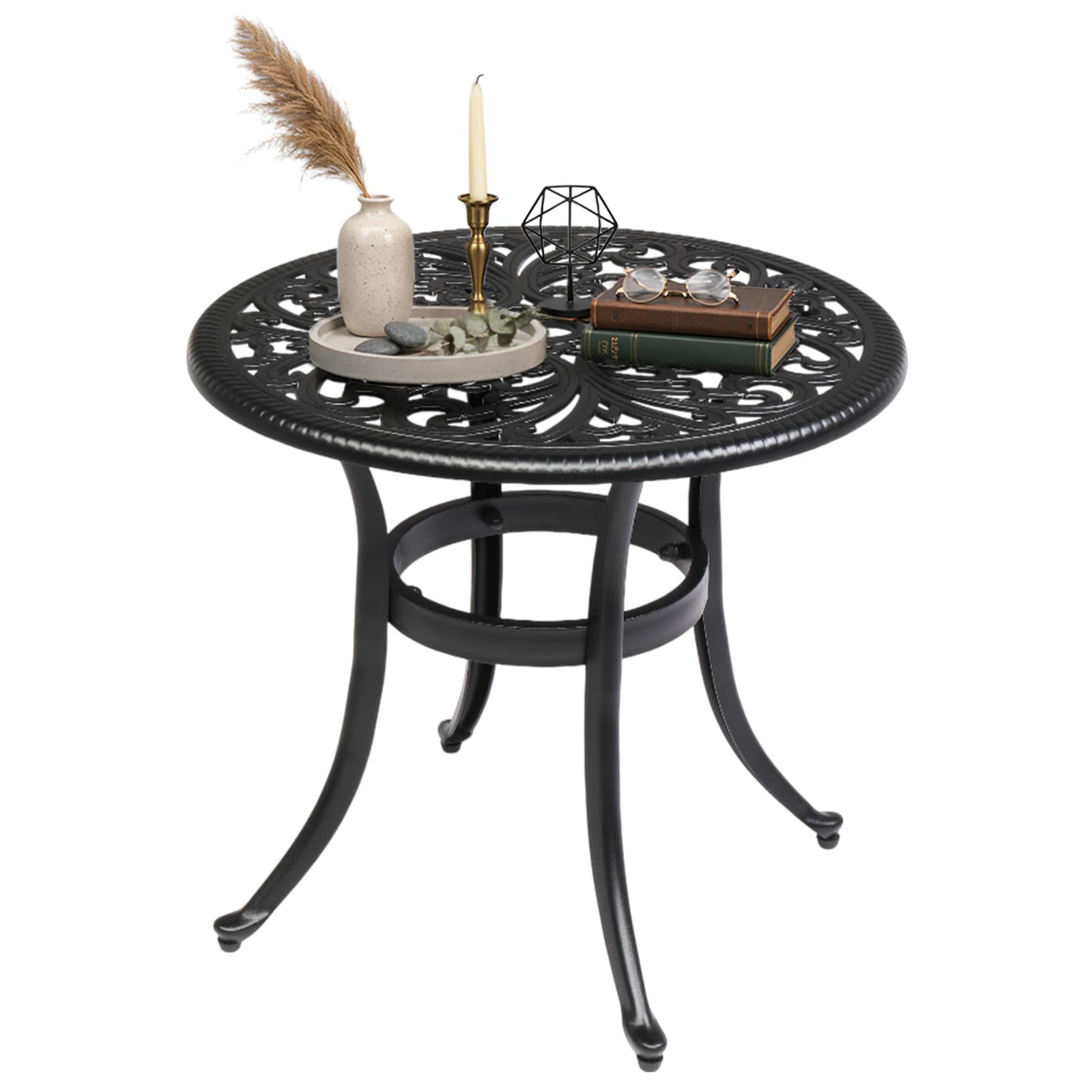VINGLI - 21-in H Cast Aluminum All Weather Round Patio Coffee Table with Umbrella Hole Black
