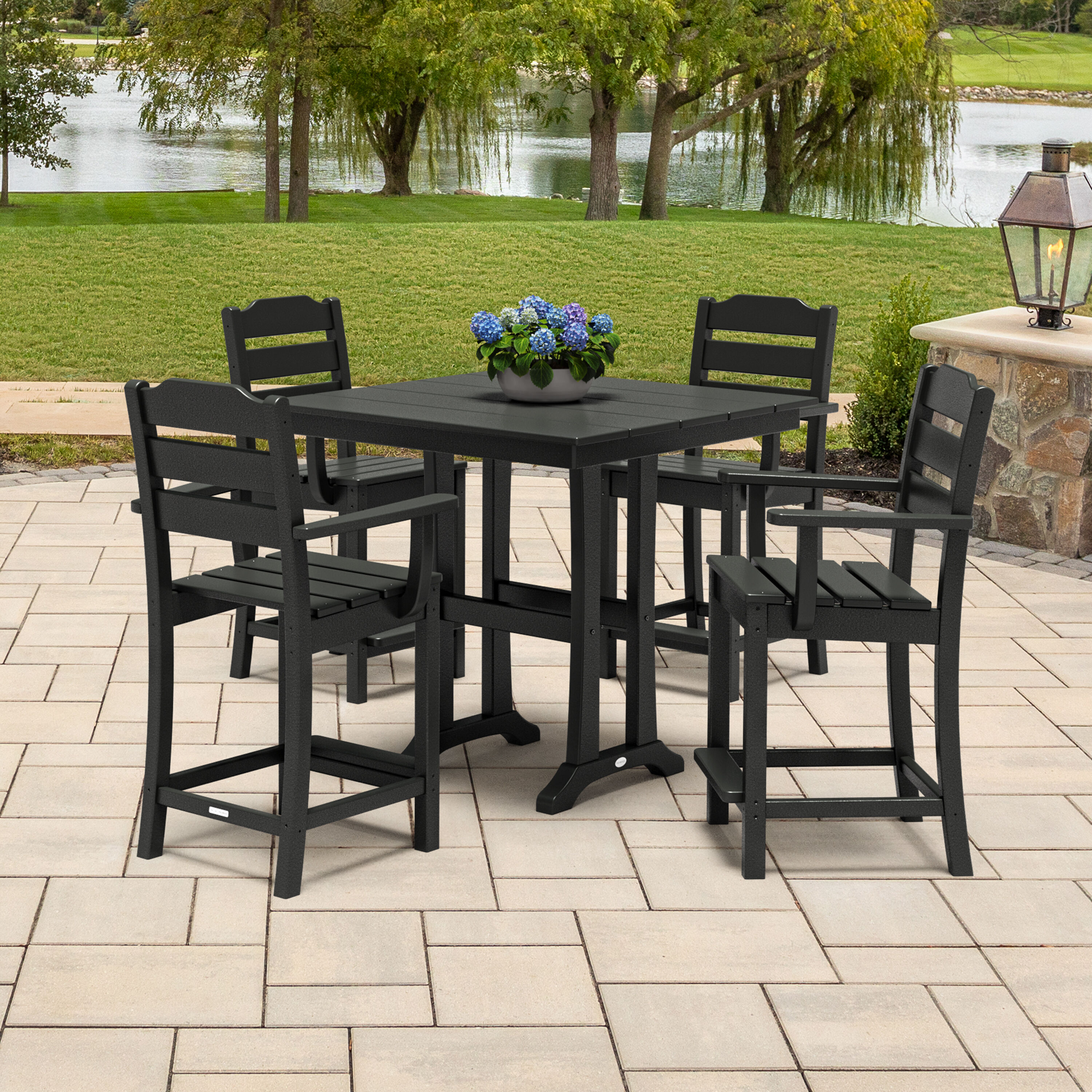 POLYWOOD PWS2536-1-BL Oakport 5 -Piece Black Balcony Height Patio Dining Set Plastic Square Table with 4 Stationary Chairs