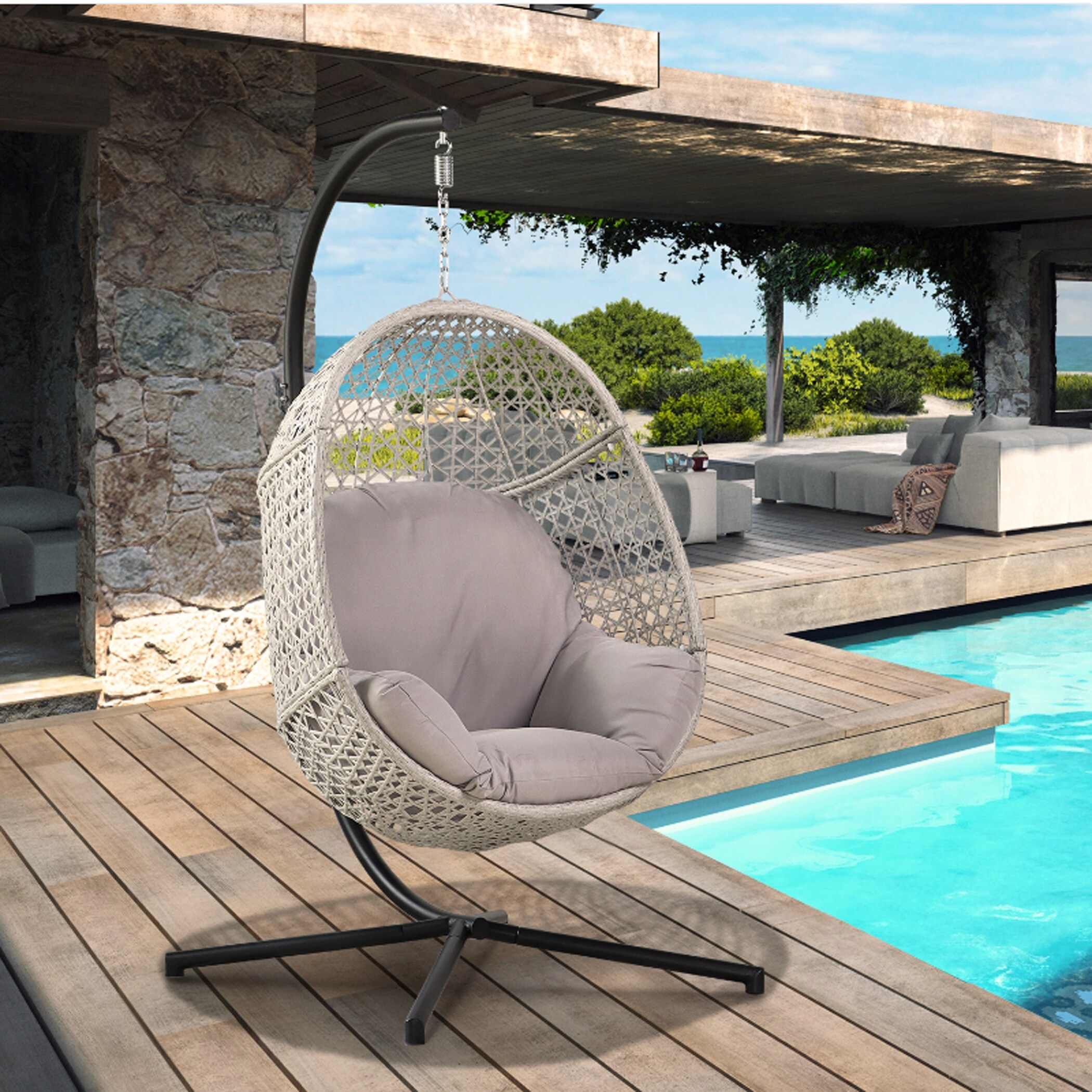 Unity UF-SE-RD Black Aluminum Frame Hanging Egg chair Chair with Red Cushioned Seat