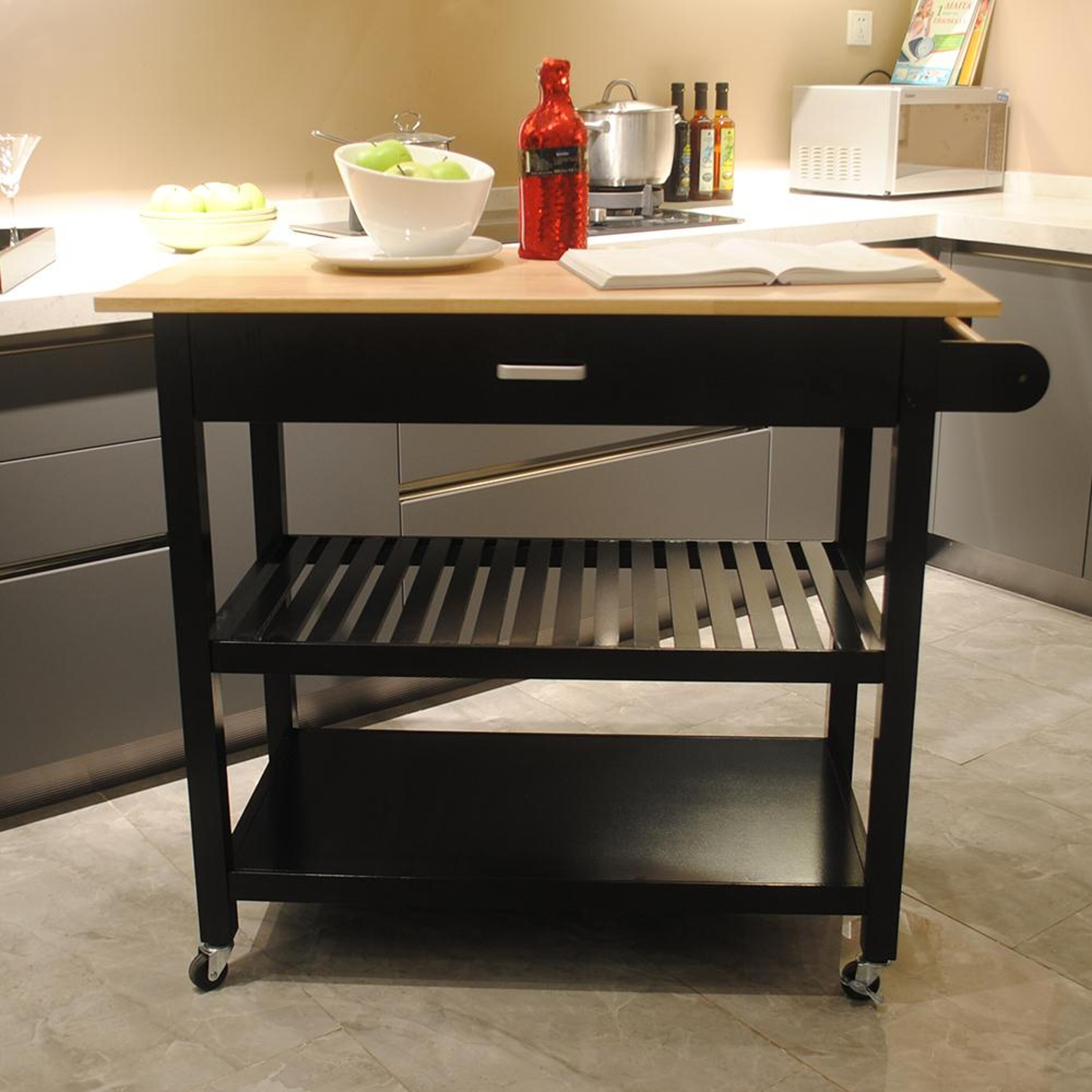 Bayfeve BF-49332-IN Black MDF Base with Wood Wood Top Rolling Kitchen Island ( 17.71-Inches x 38.18-Inches x 36-Inches )