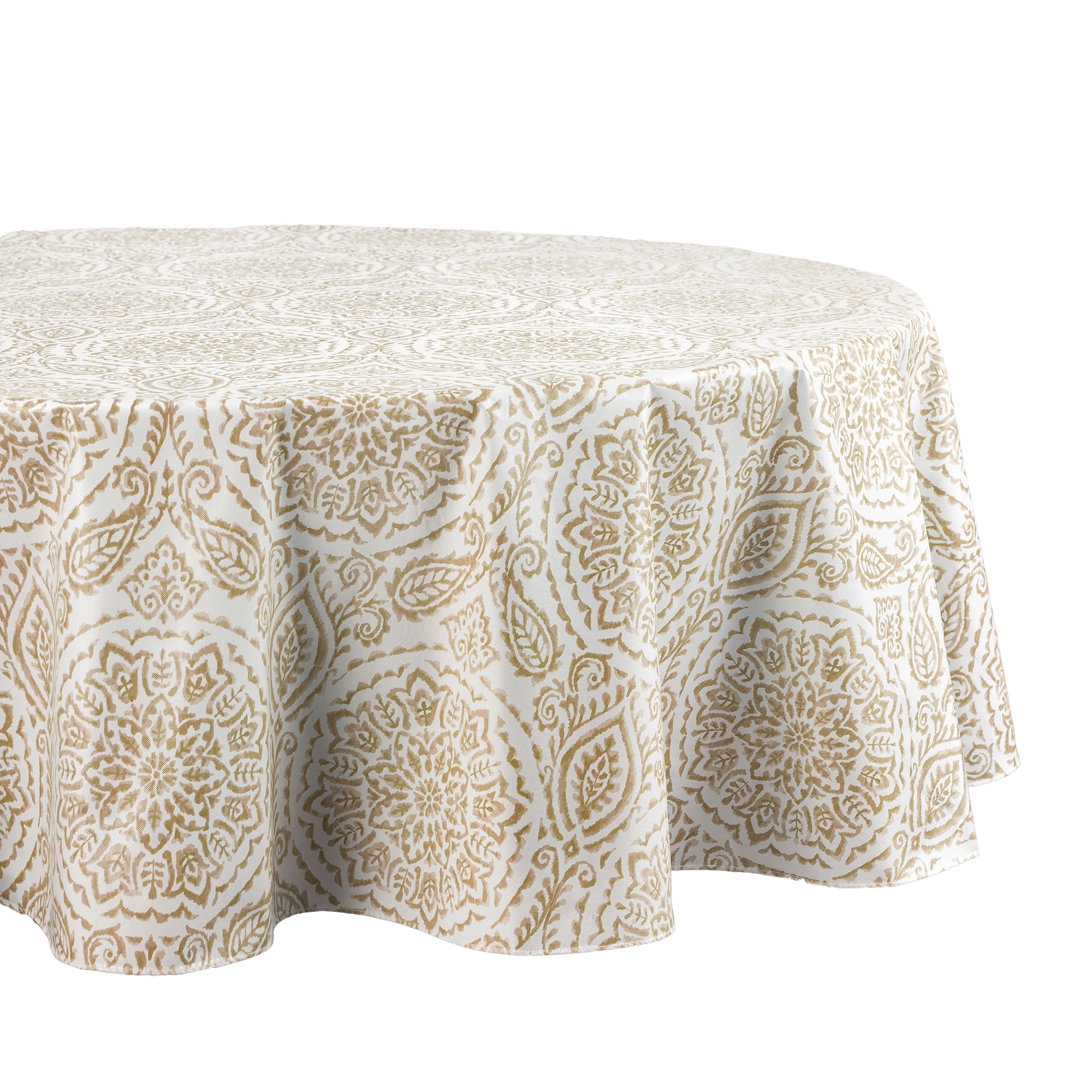 Elrene Home Fashions 194590058326 Savannah Boho Paisley Printed Vinyl 70" Round Indoor/Outdoor Taupe Table Cover for 60-in round