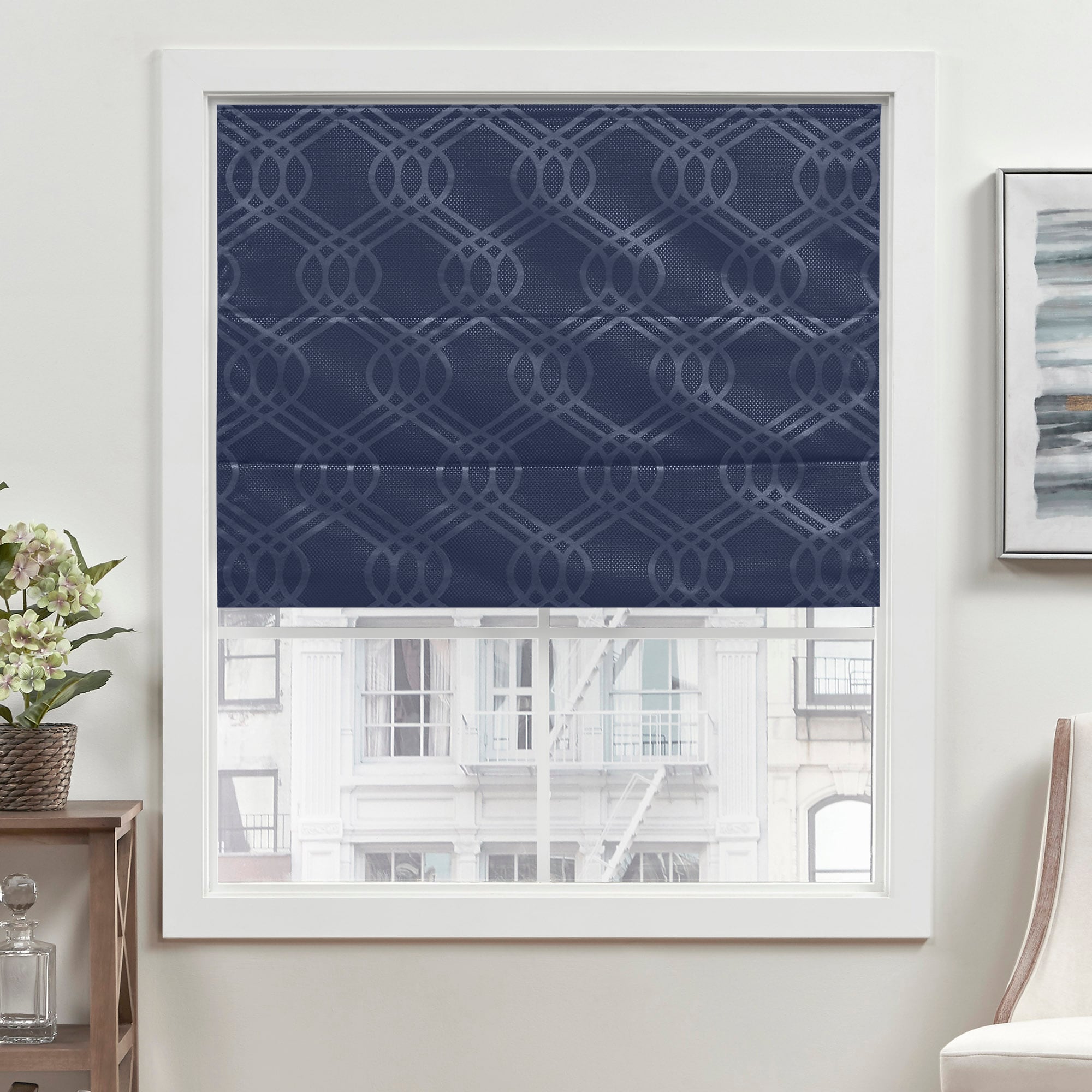 Navy Woven Fabric Cordless Blackout Roman Shade