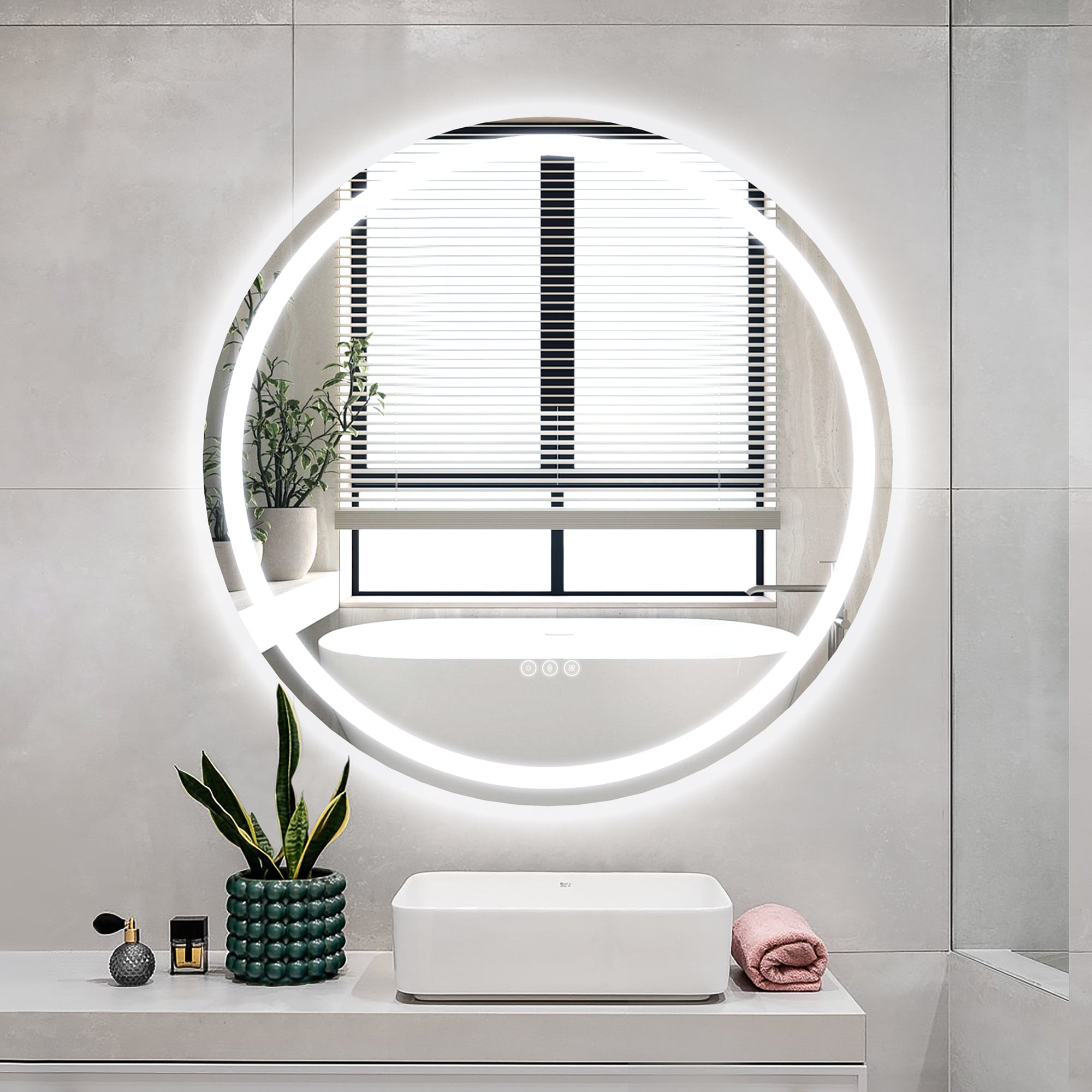 Maxax MR02-36 VM 36-in x 36-in Polished Frameless Round Dimmable LED Lighted Fog Free Bathroom Vanity Mirror ( Silver )