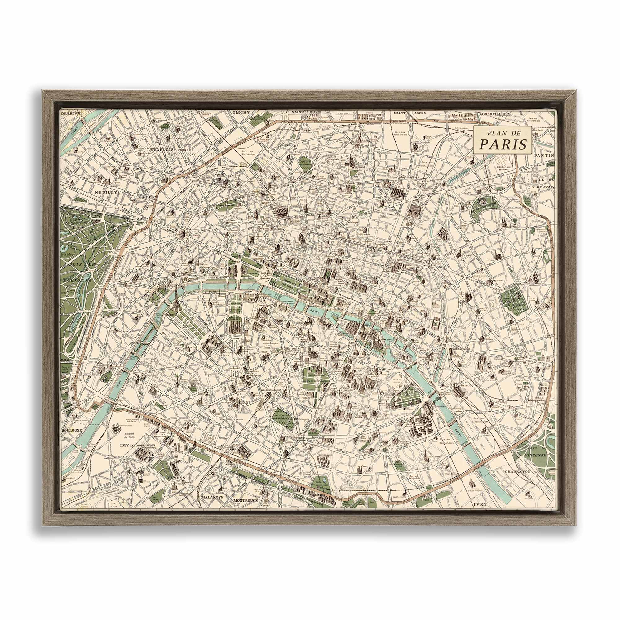 Stupell Industries BT-482-FFE-16X20 Vintage Map of Paris Brown Framed Floater Canvas Wall Art By Phillipa Katz 21 x 17