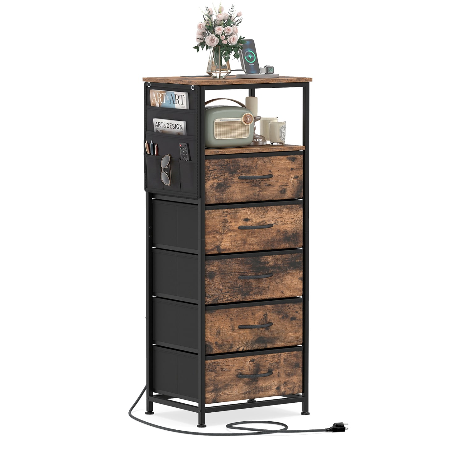 Slickblue Industrial Rustic Brown/Black End Table with Charging Station 5 Drawer Storage Side Pocket and Metal Frame for Bedroom Living Room Home Office