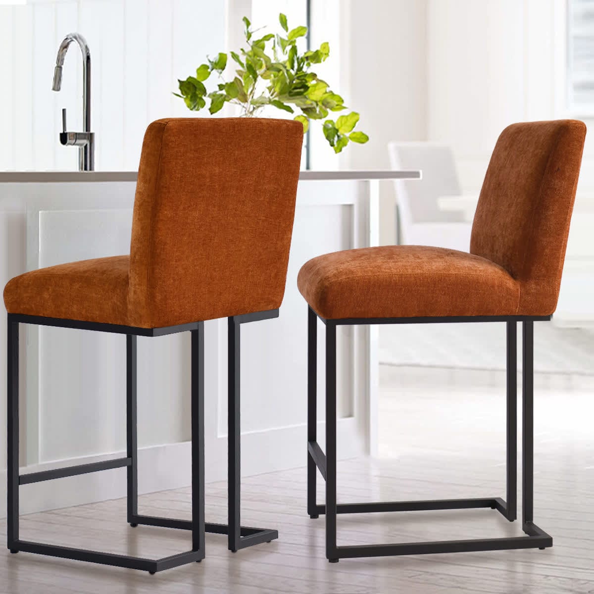 Maison Boucle MASON-COUNTER-TERRA2 Set of 2 Terra Upholstered 25-in H Counter Stools with Armless Seat Black Metal Legs Kitchen Island