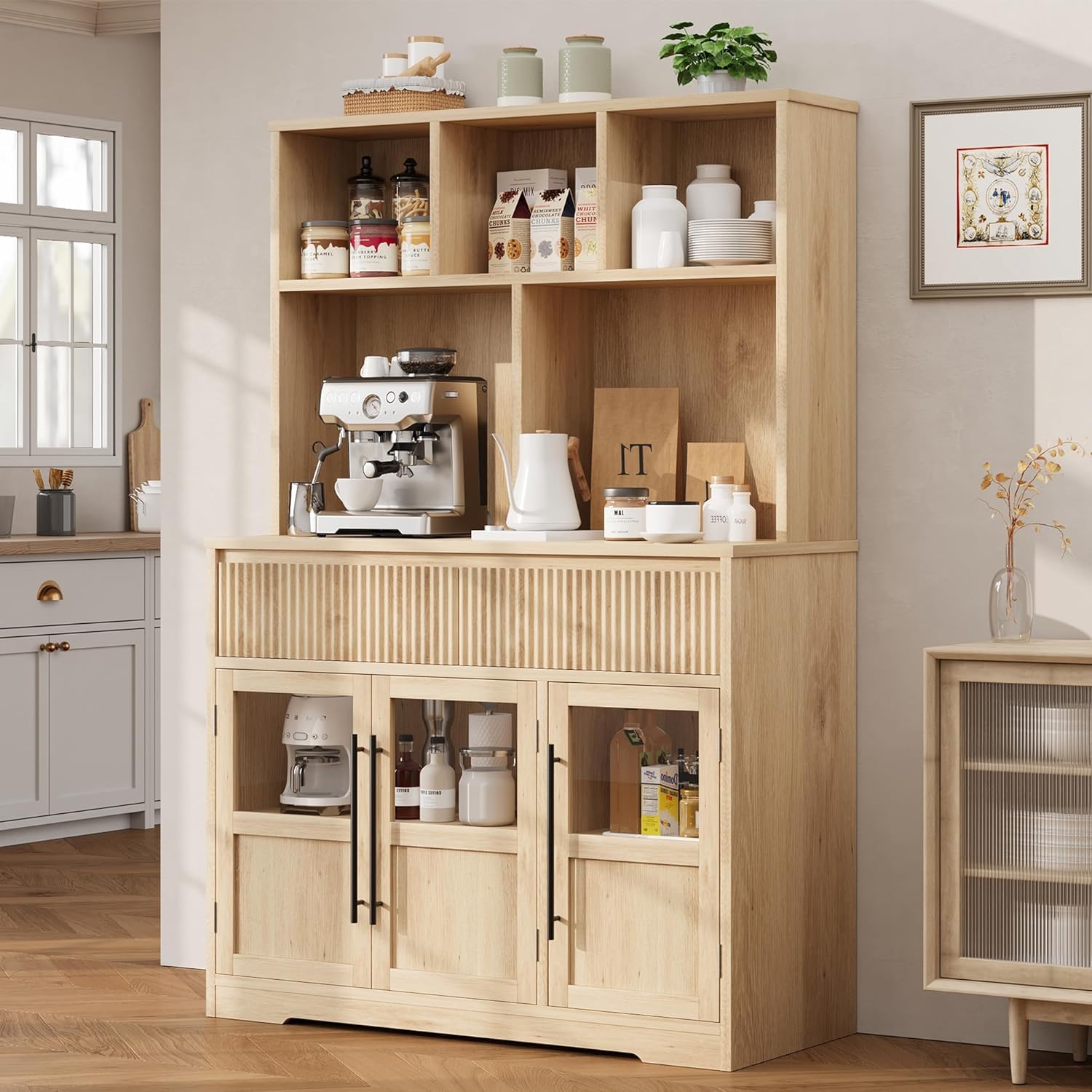 GarveeLife 60-in Kitchen Pantry Cabinet with Glass Doors and Drawers Wood Grain Coffee Bar Buffet Storage Cabinet