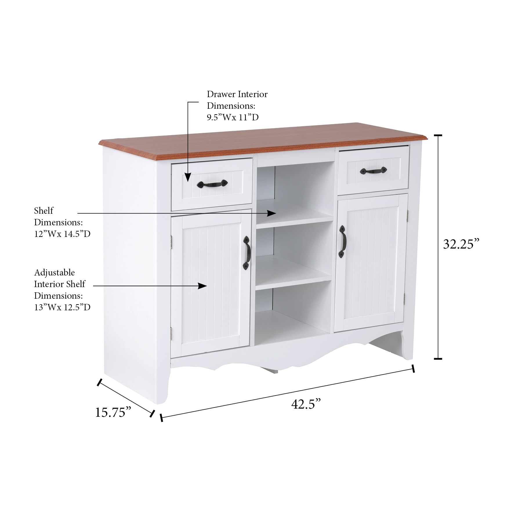 White and Pine Countryside Buffet with Drawers and Doors