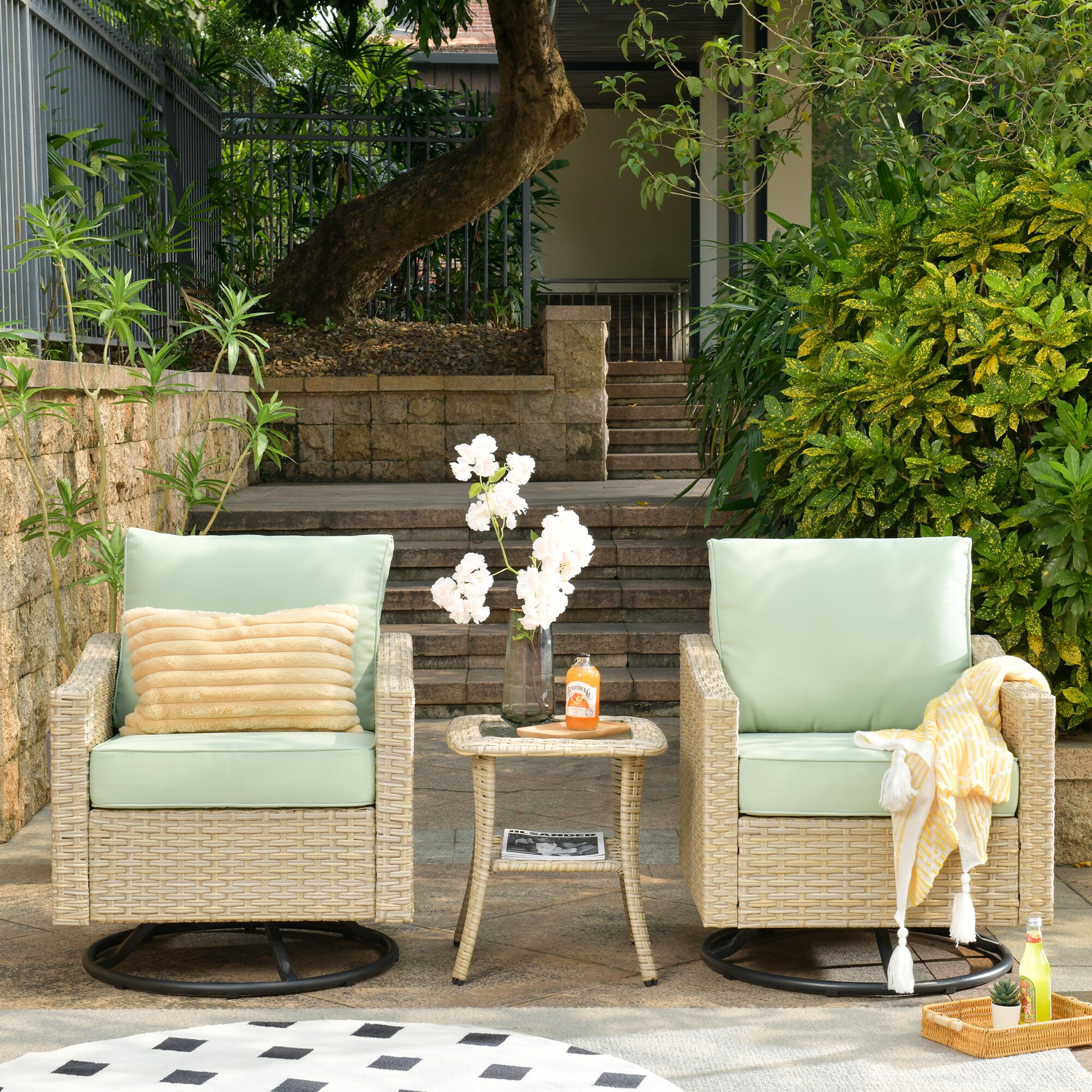 XIZZI XIDAR9032-RC3 Aries 3 -Piece Rattan Patio Conversation Set with Green Cushions