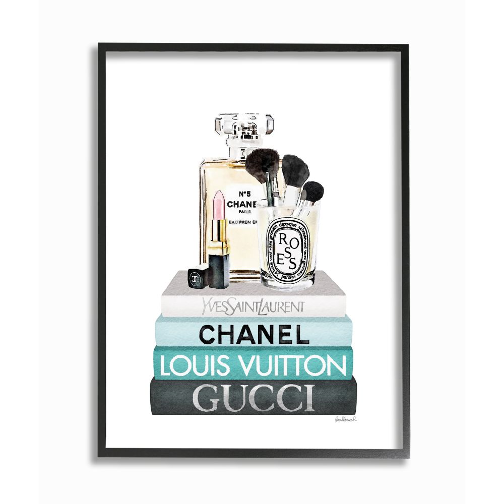 Stupell Industries AB-565-FR-16X20 Glam Essentials Above Iconic Designer Bookstack Amanda Greenwood Black Framed Wood Framed 20-in H x 16-in W Figurative Print