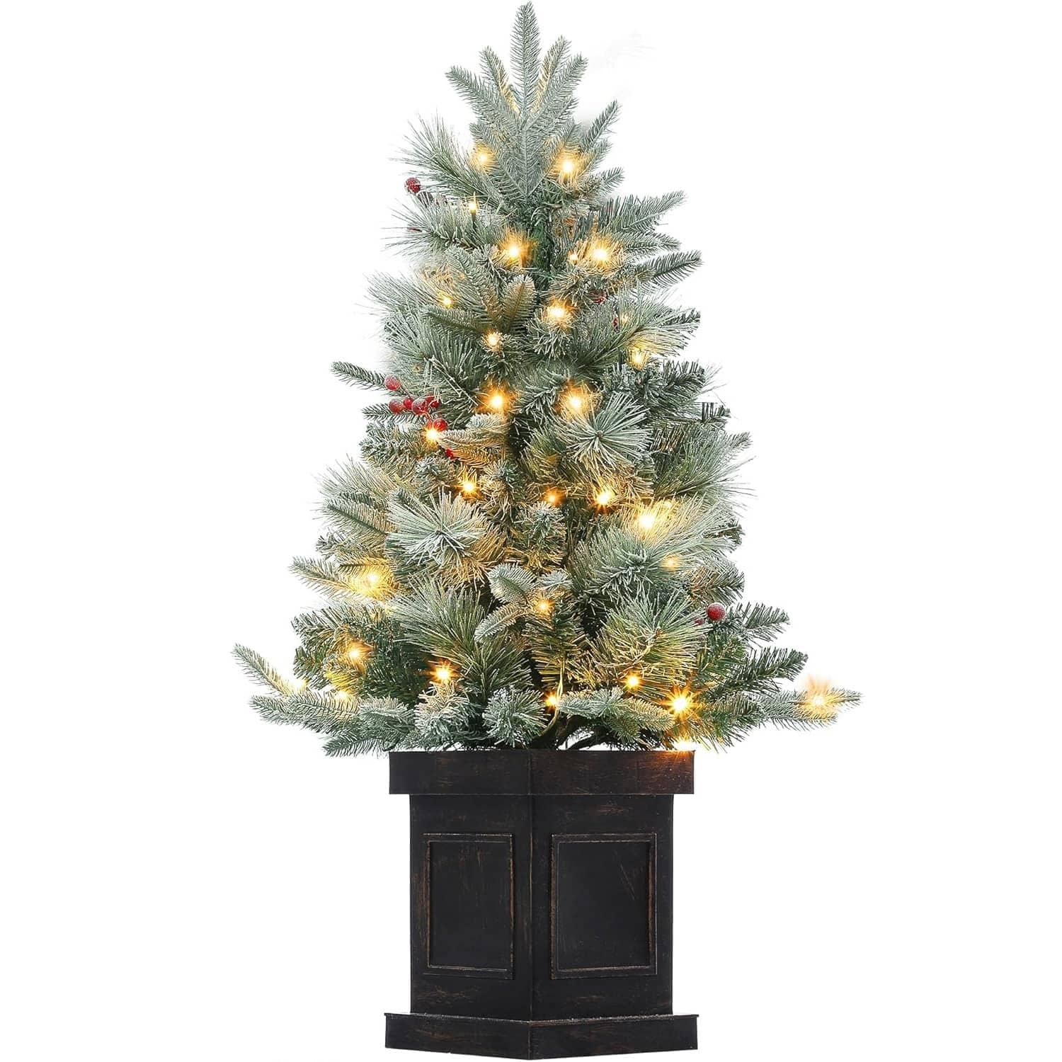 Qeetex 3 Ft Prelit Premium Snow Flocked Artificial Christmas Tree with 8 Mode Warm White Led Mini Prelit Xmas Pine Tree for Christmas Decoration Yard Home Office Outdoor Indoor