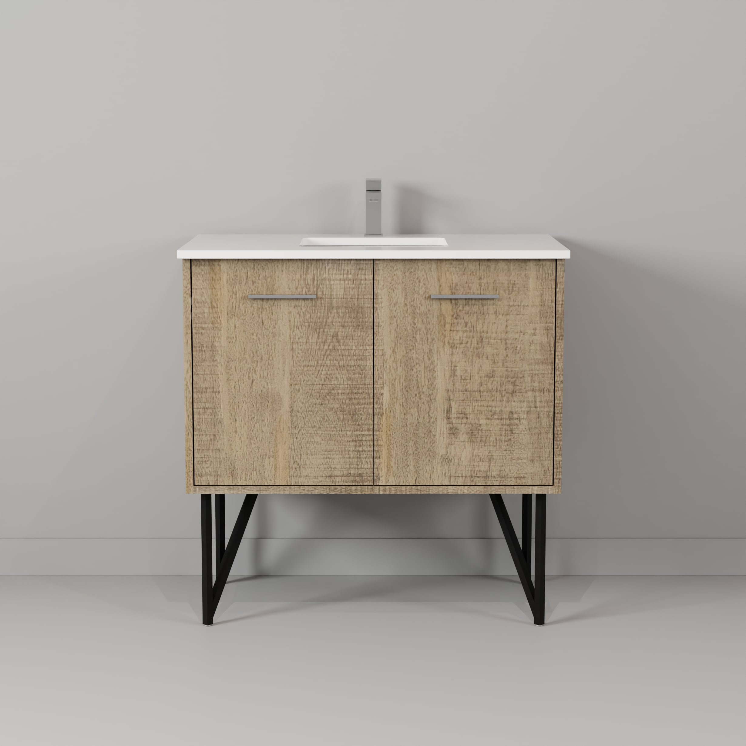 Wooden bathroom vanity with white top and black legs