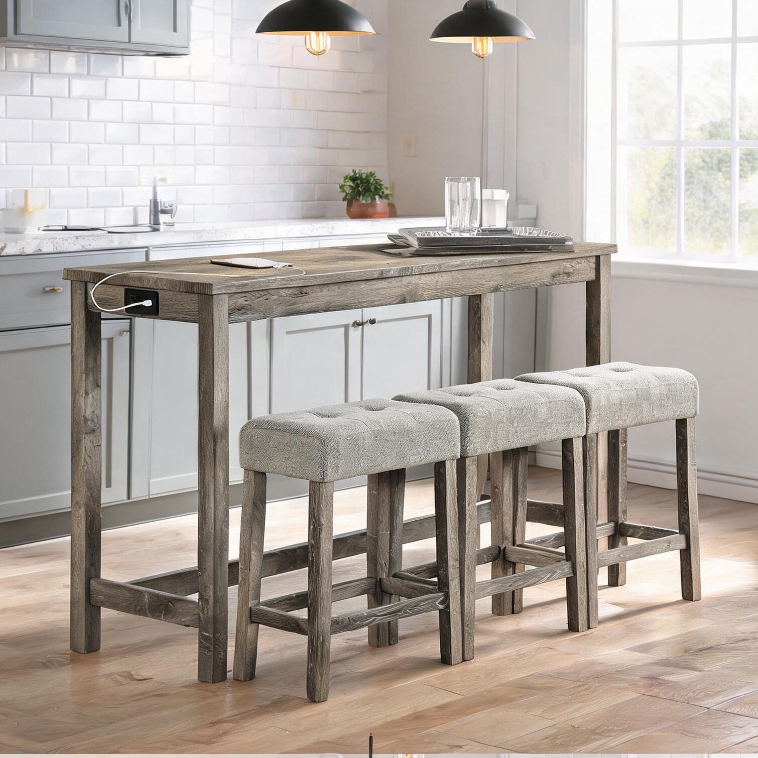 SunJet Industrial Solid Wood Bar Table Set with Built-in Power Outlet 4 ...