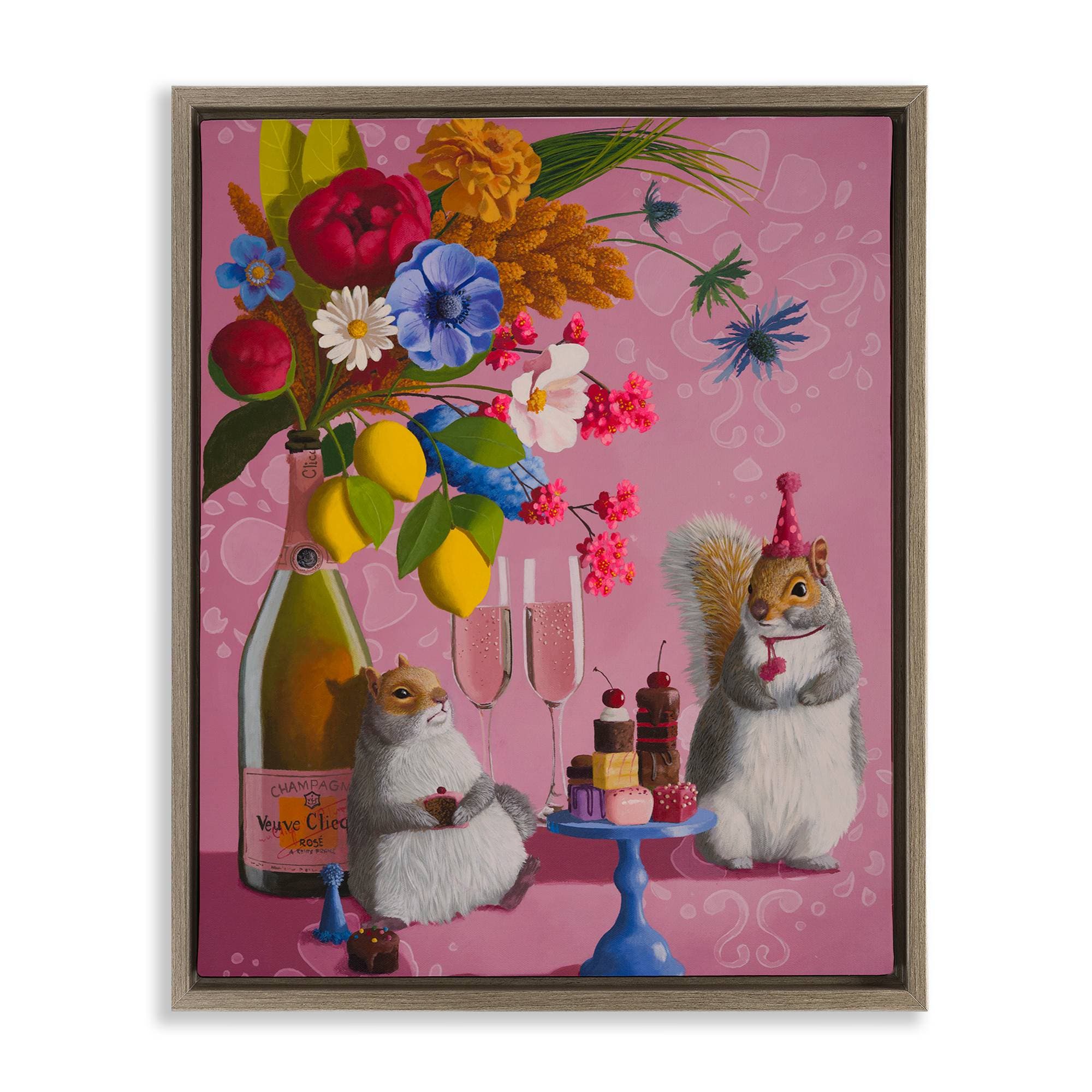 Stupell Industries BT-230-FFE-24X30 Party Hat Squirrels and Bouquet Brown Framed Floater Canvas Wall Art By Heather Gauthier 25 x 31