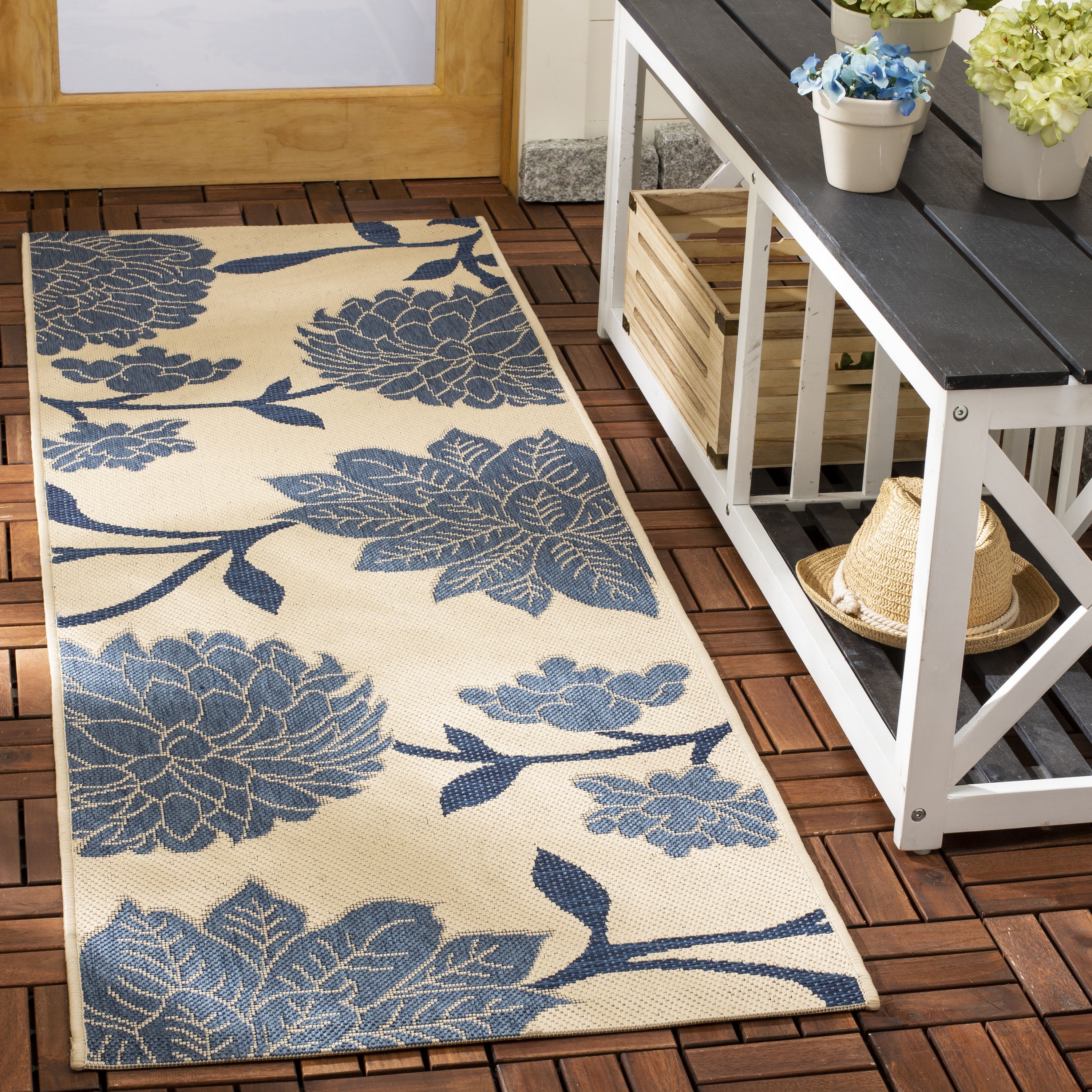 Safavieh CY7321-233A25-27 Courtyard Arras 2 x 7 (ft) Loomed Polypropylene Beige/Blue Rectangular Indoor/Outdoor Floral/Botanical Coastal Runner rug