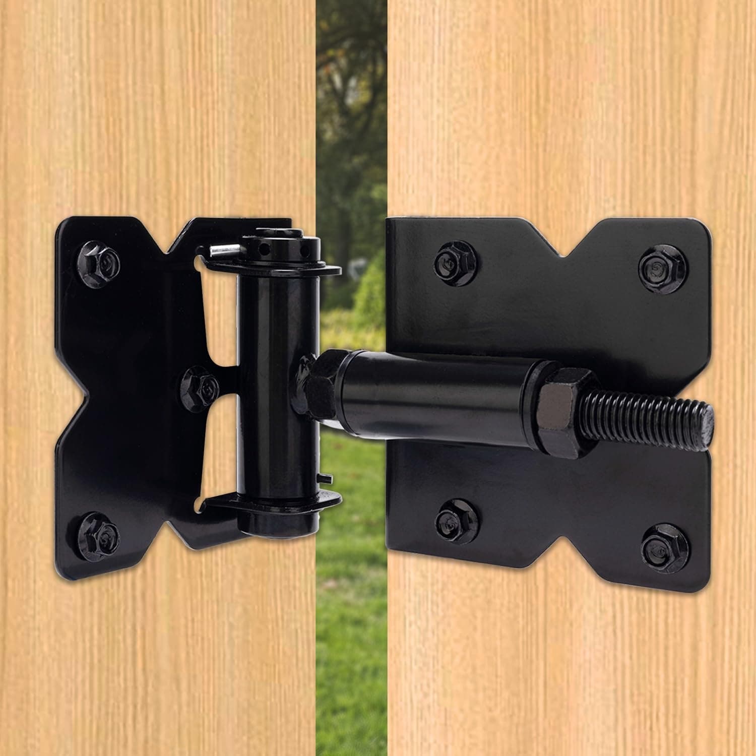 Etokfoks  Self Closing Gate Hinges 4 Pack 90 Adjustable 1 4 1 1 2 in Gap Black Powder Coated for Wood Metal Vinyl Gates