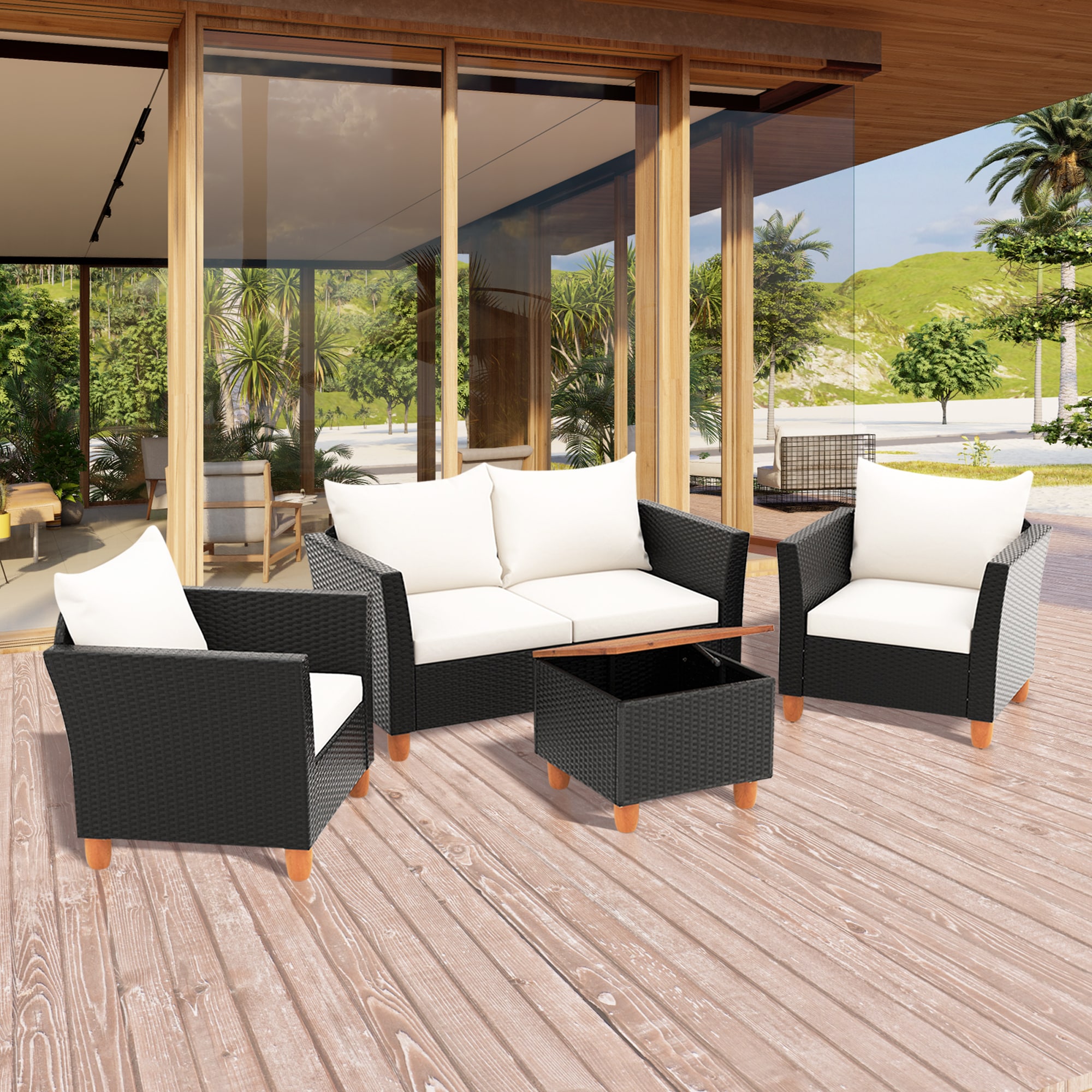 LIVIZA OUJ72334WH-X 4 -Piece Rattan Patio Conversation Set with Off-white Cushions
