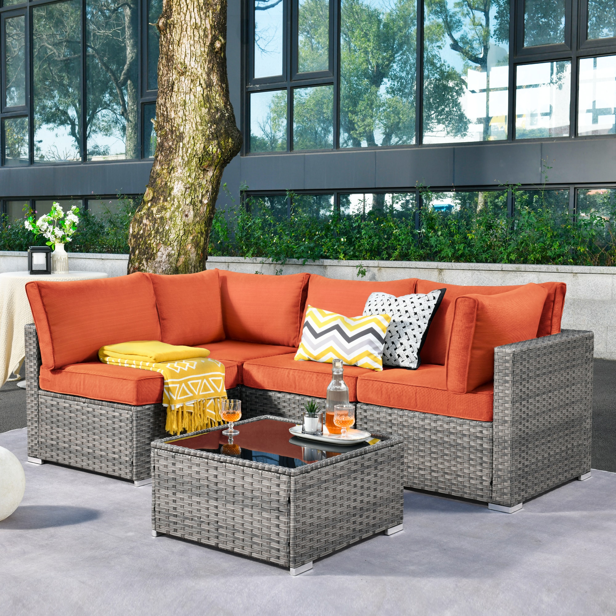 Pouuin SHOP805 Rattan Outdoor Sectional with Orange Cushions and Wicker Frame
