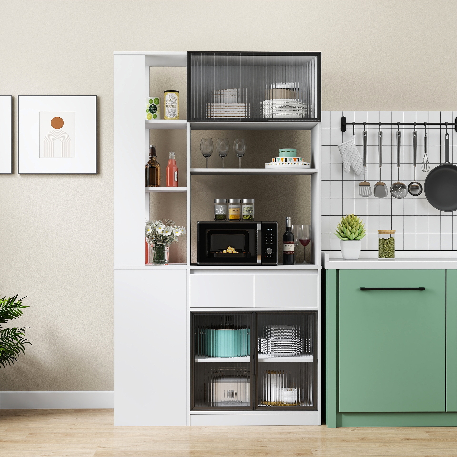 GDFStudio Indoor Modern Wood 70.87 Inch Tall Storage Cabinet with Glass Doors Drawers and Display Shelves Organizer White
