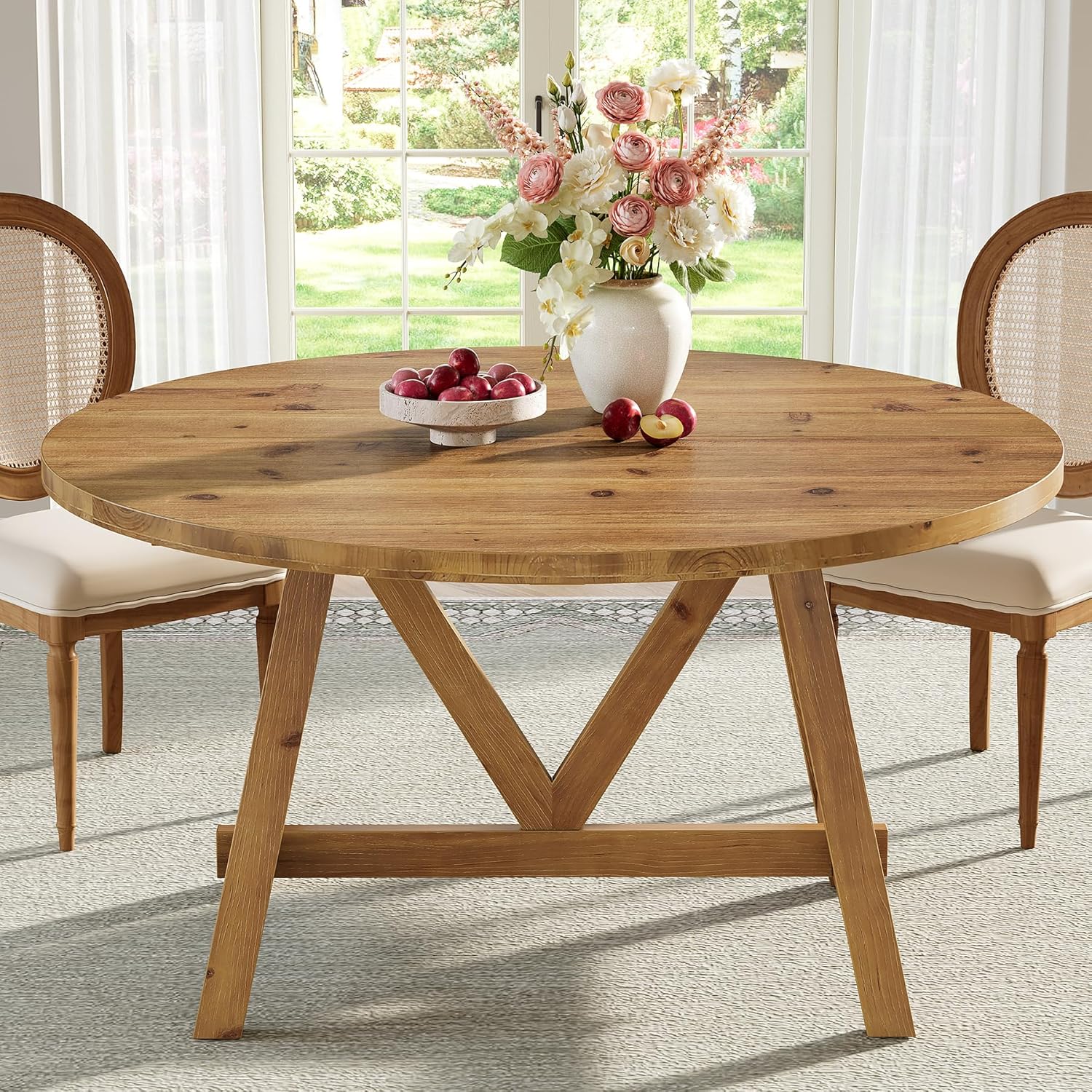LITTLE TREE - Brown 47-Inch Solid Wood Dining Table for 4-6 Farmhouse Round Kitchen Table with St...
