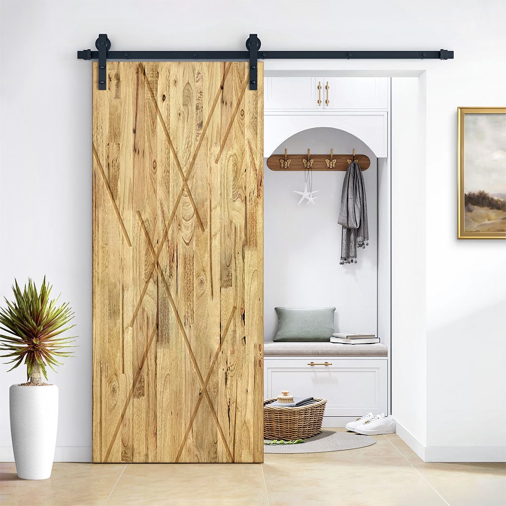 CALHOME 30-in x 80-in Weather Oak Pine Wood Hollow Core Barn Door ...