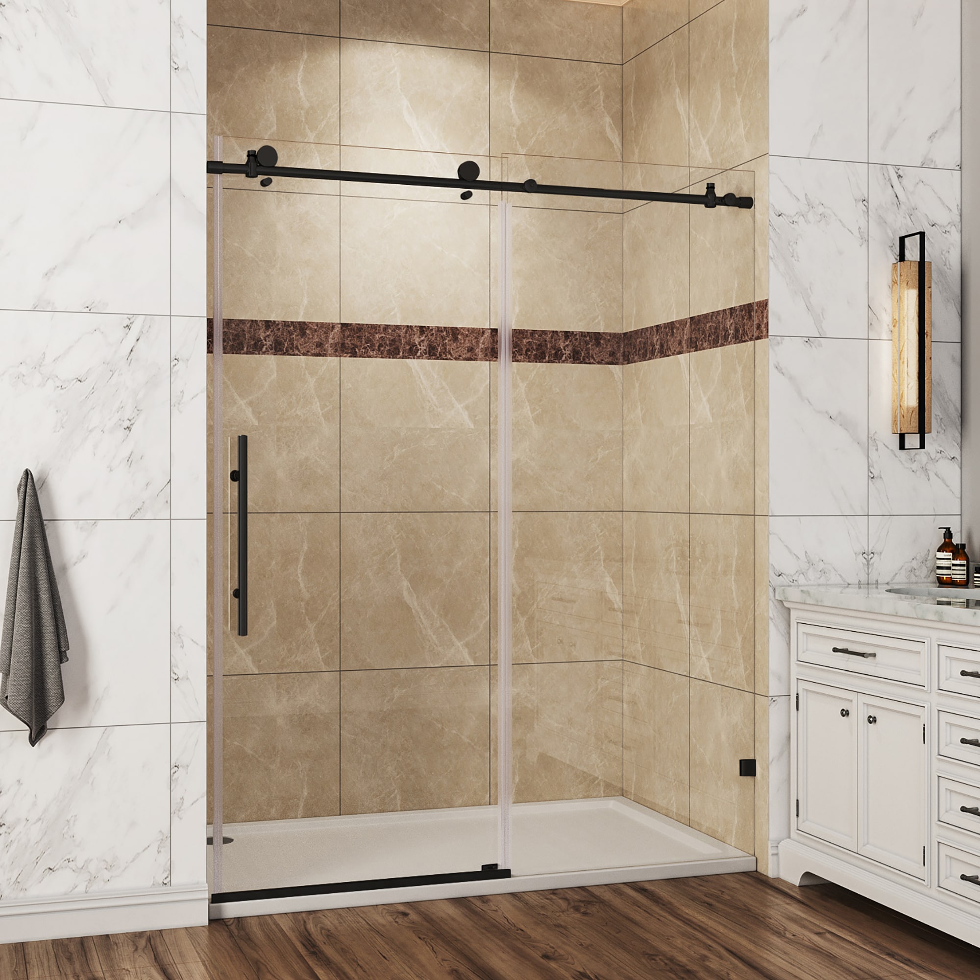WELLFOR KE10-6076BL Matte 58-1/2-in to 60-in W x 76-Inches H Frameless Standard Sliding Shower door 3/8-in Thick Tempered Glass