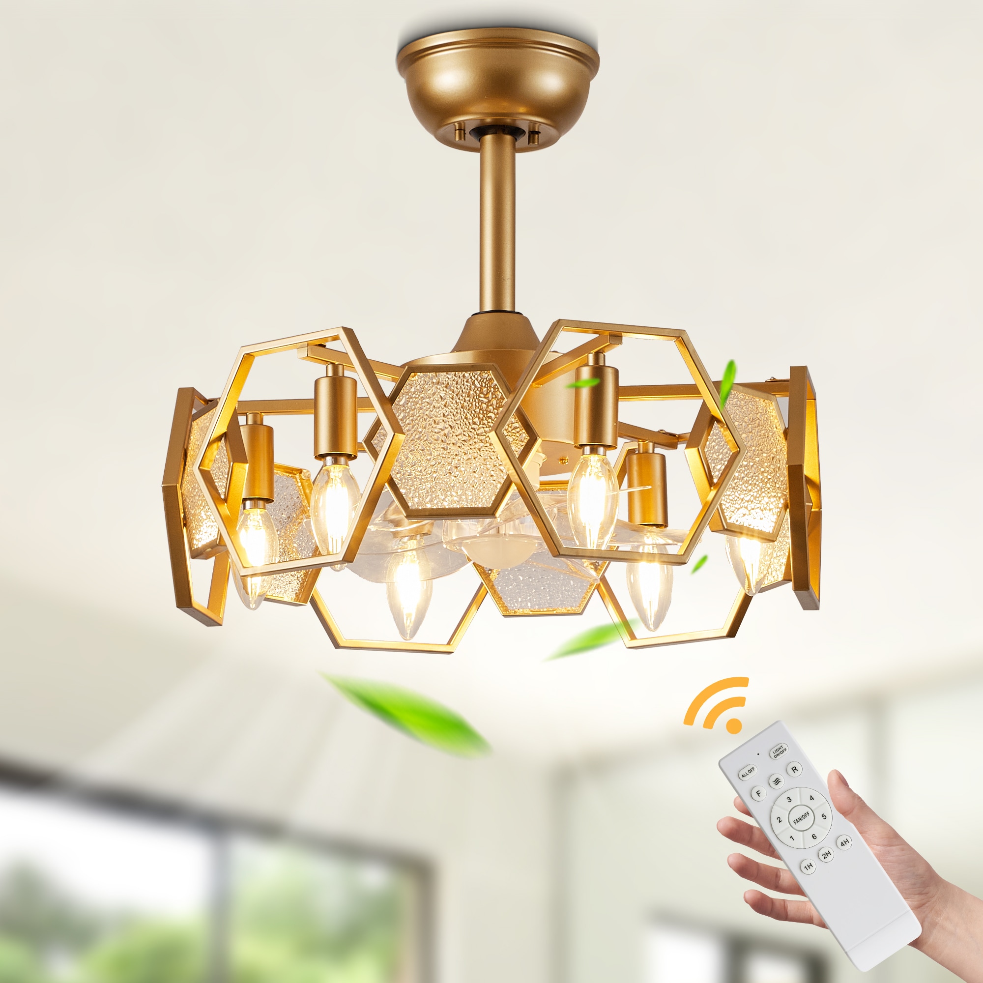 Bella Depot DCFSD1903-G Vintlume 19-in Color-Changing Gold with Clear Blades Cage Ceiling Fan With Light - Remote Included ( 5 -Blade )