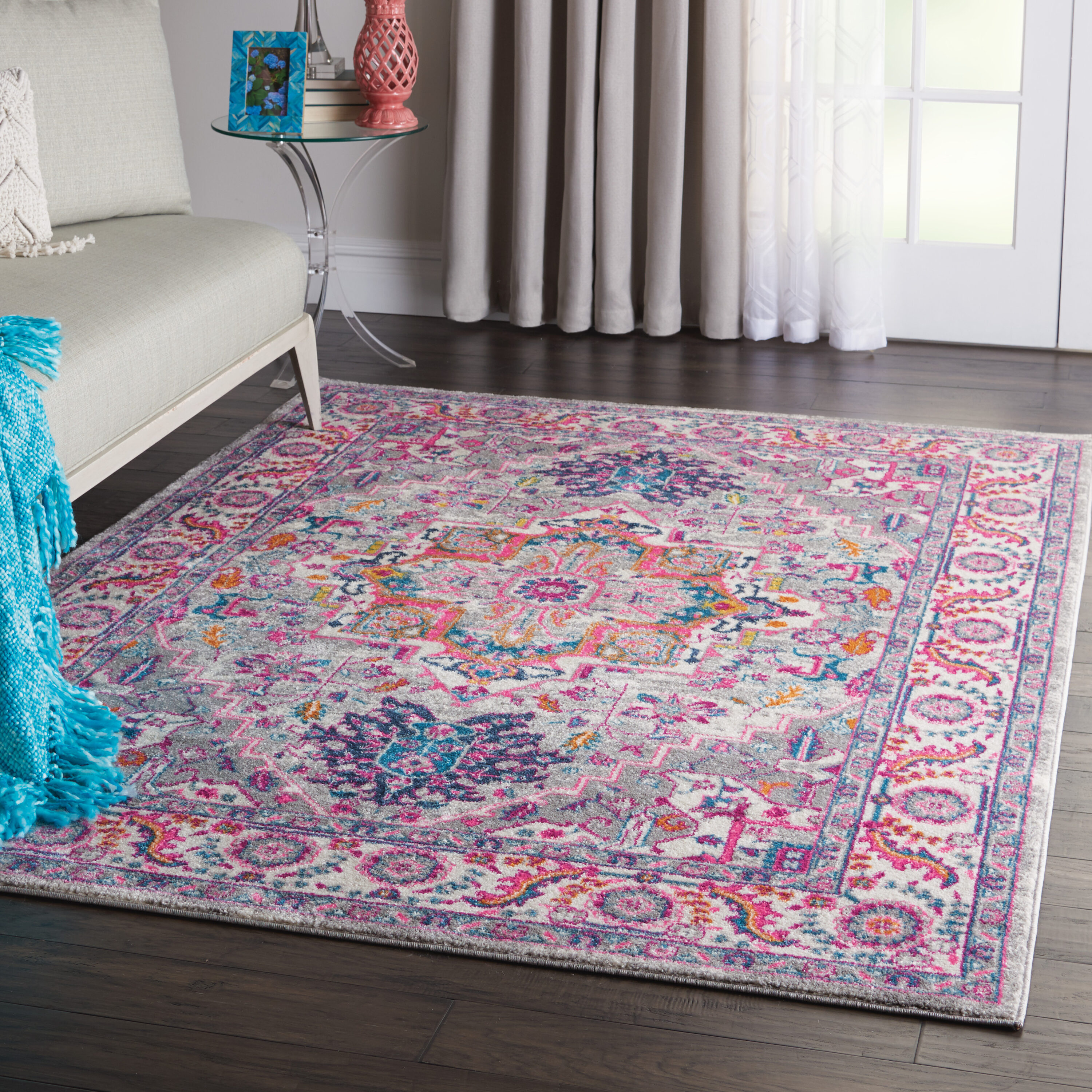 Light Grey and Pink Floral Synthetic 5' x 7' Area Rug