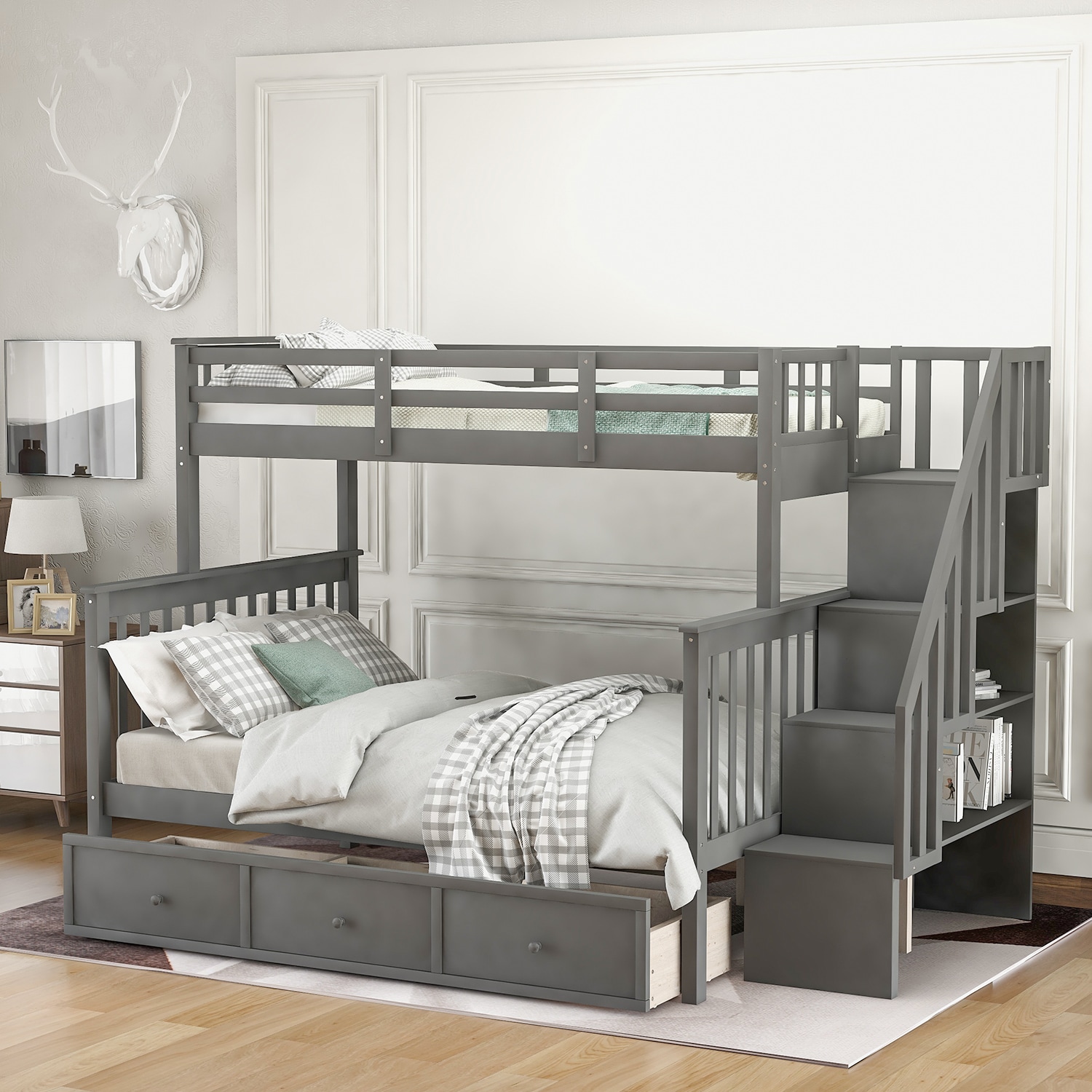 ModernLuxe LT000219AAE Stairway TwinOverFull Bunk Bed with Drawer Storage and Guard Rail for Bedroom Dorm for Adults Gray color