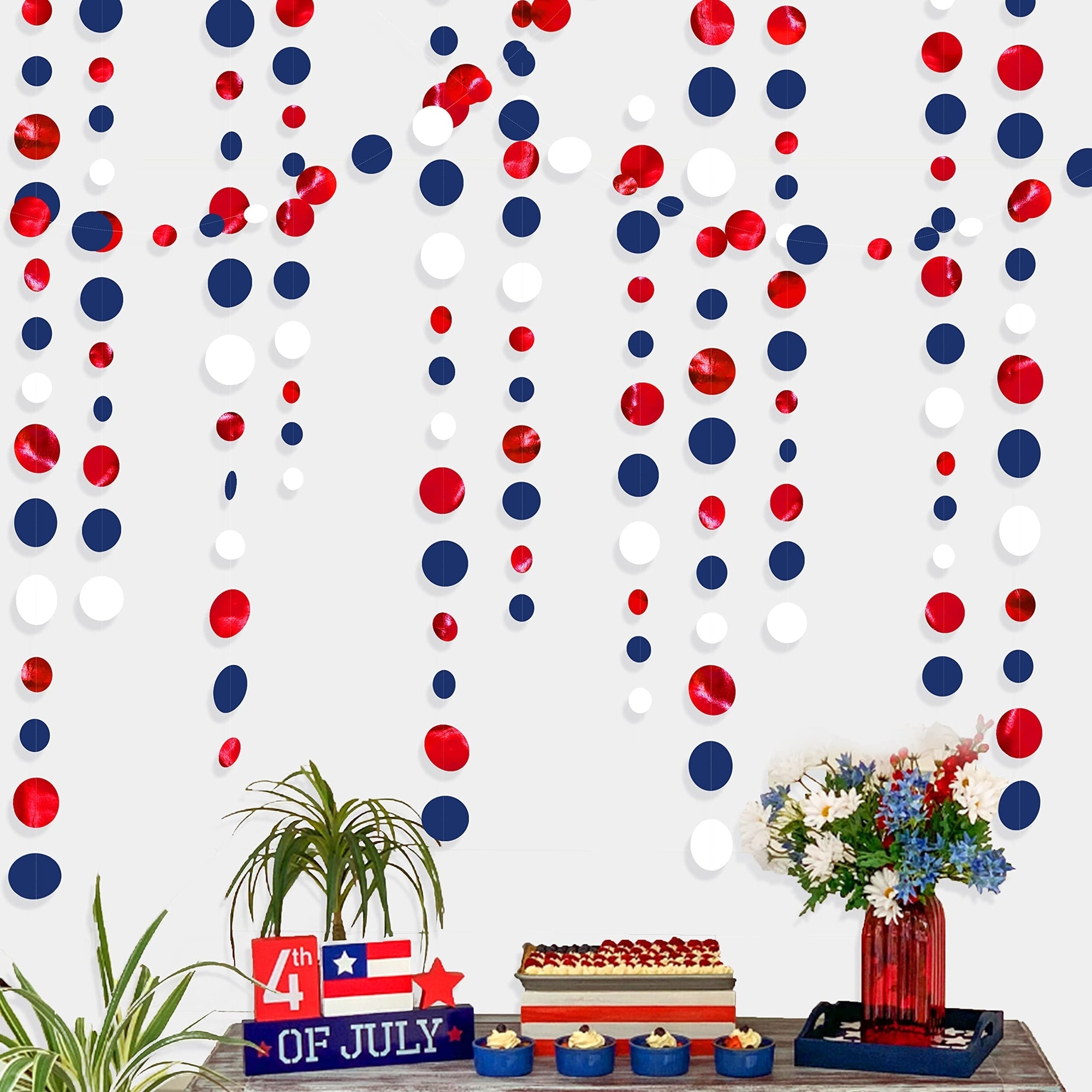 Phewnyzo  46 Ft Red White Blue Circle Dot Garland 4 Set Patriotic Hanging Paper Streamer for 4th of July Independence Day Veterans Party