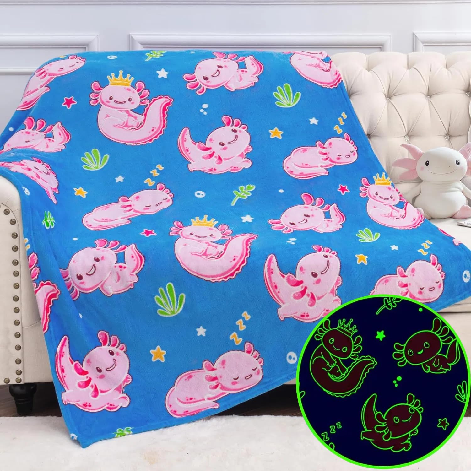 Yichuhaoxi -  Axolotl Glow in the Dark Blanket Kids Pink Blue Soft Cozy Throw for Girls Boys Todd...